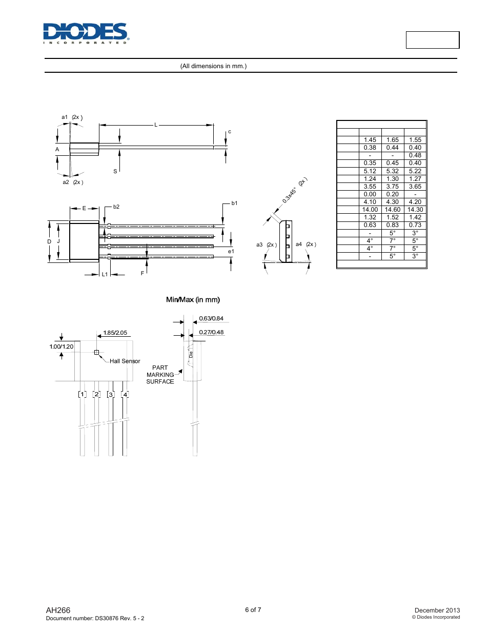 Ah266, Package outline dimensions | Diodes AH266 User Manual | Page 6 / 7