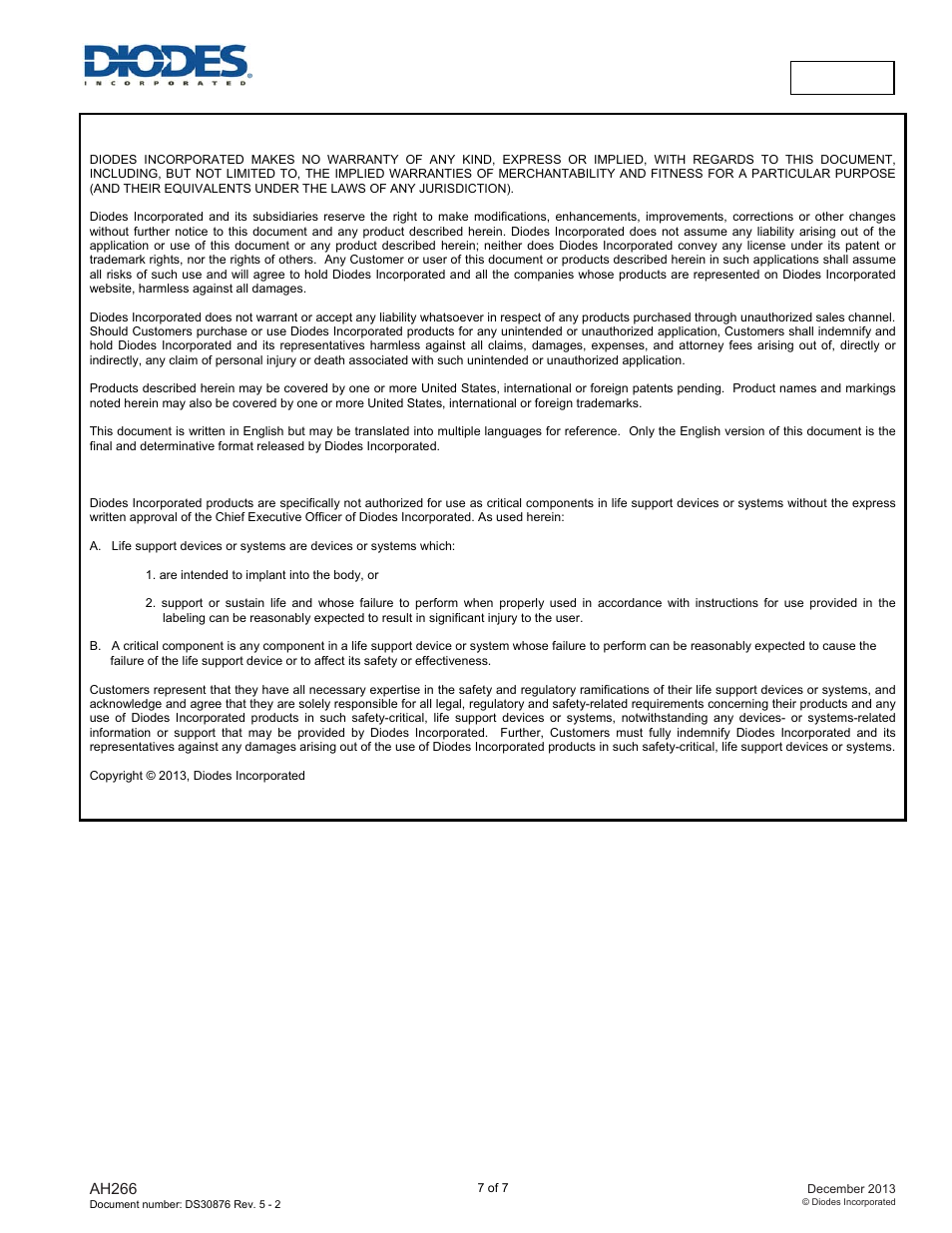 Ah266 | Diodes AH266 User Manual | Page 7 / 7