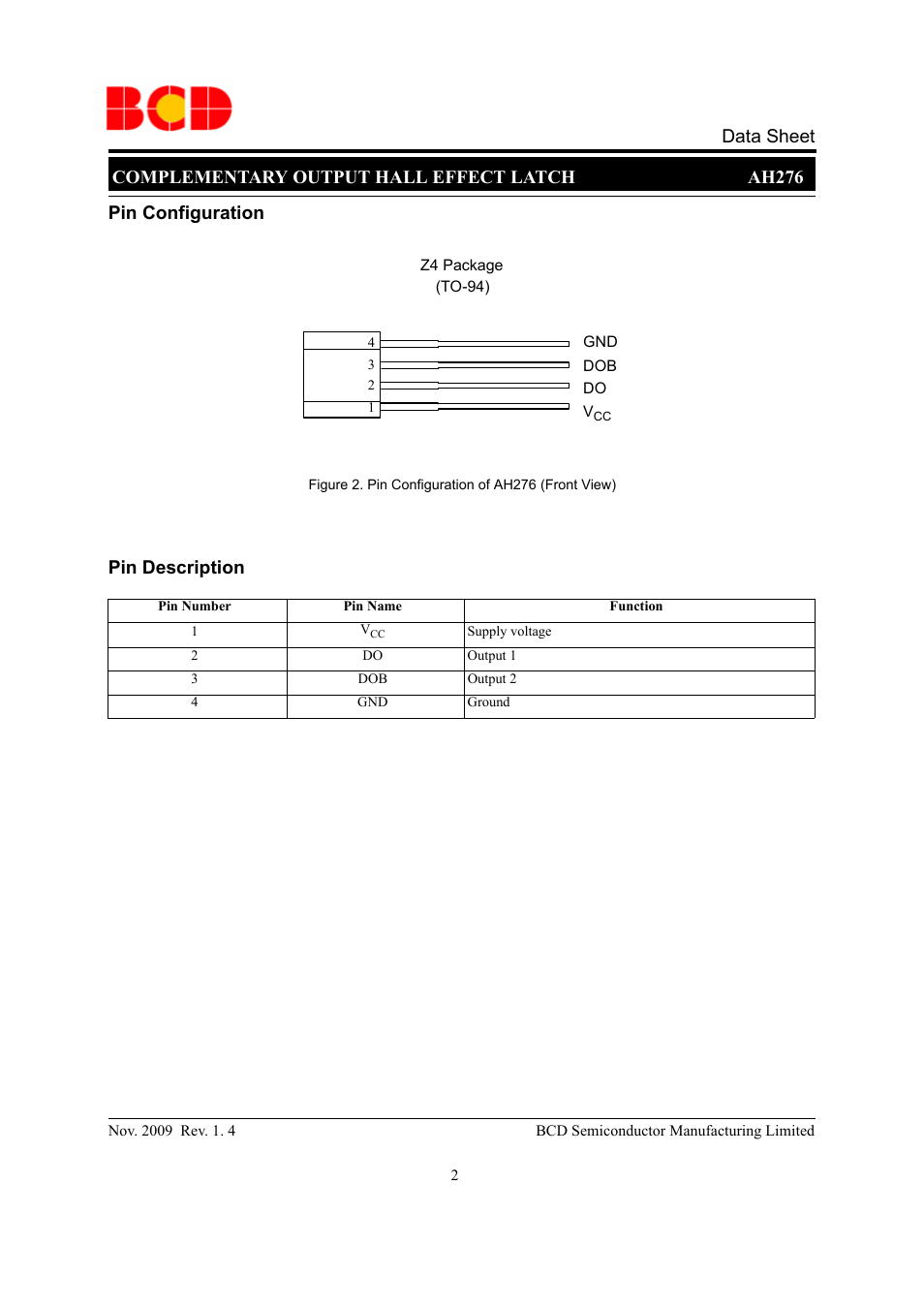 Complementary output hall effect latch ah276, Data sheet, Pin configuration | Pin description | Diodes AH276 User Manual | Page 2 / 10