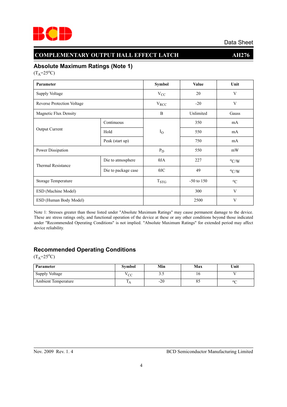 Complementary output hall effect latch ah276, Data sheet | Diodes AH276 User Manual | Page 4 / 10