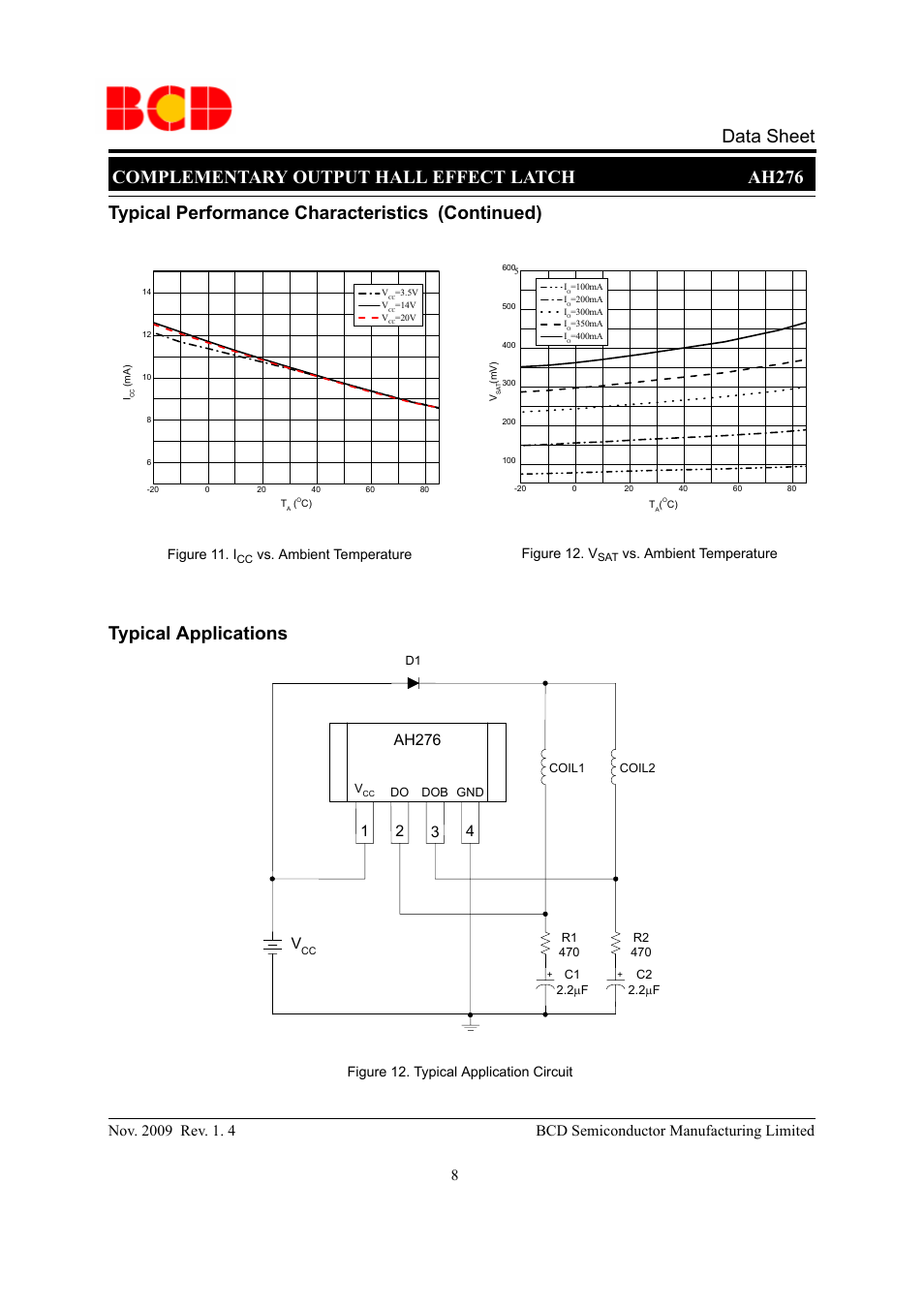 Complementary output hall effect latch ah276, Data sheet typical applications, Typical performance characteristics (continued) | Ah276, Figure 12. typical application circuit, Figure 11. i, Vs. ambient temperature figure 12. v, Vs. ambient temperature | Diodes AH276 User Manual | Page 8 / 10