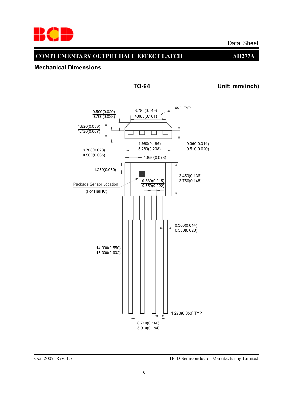 Mechanical dimensions unit: mm(inch) to-94 | Diodes AH277A User Manual | Page 9 / 10
