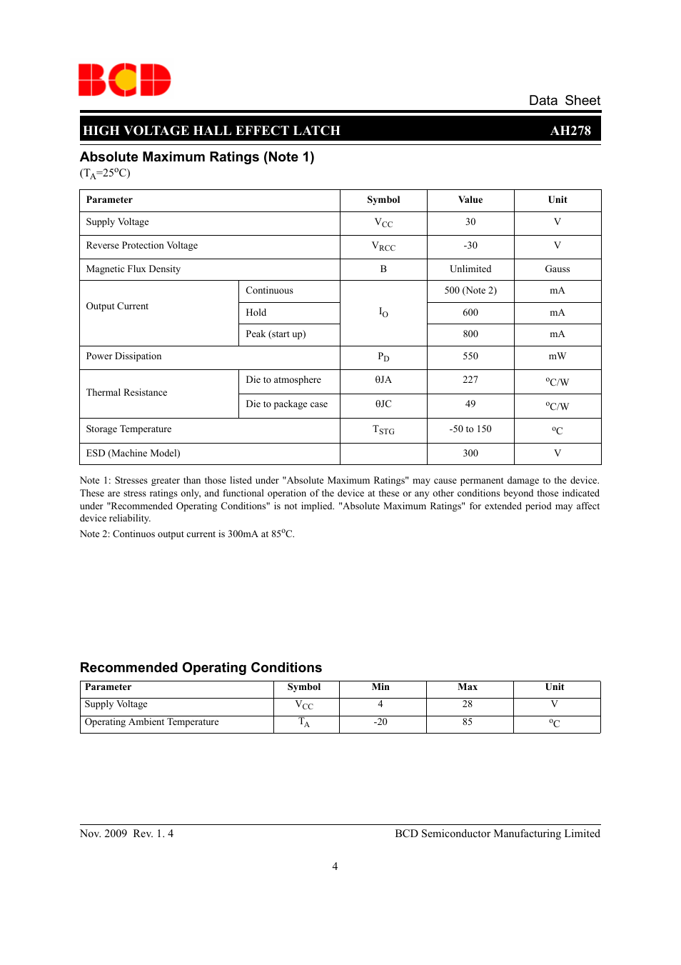 High voltage hall effect latch ah278, Data sheet | Diodes AH278 User Manual | Page 4 / 11