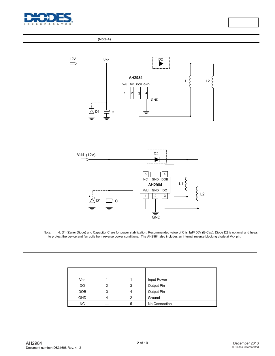 Ah2984, Typical applications circuit, Pin descriptions | Diodes AH2984 User Manual | Page 2 / 10