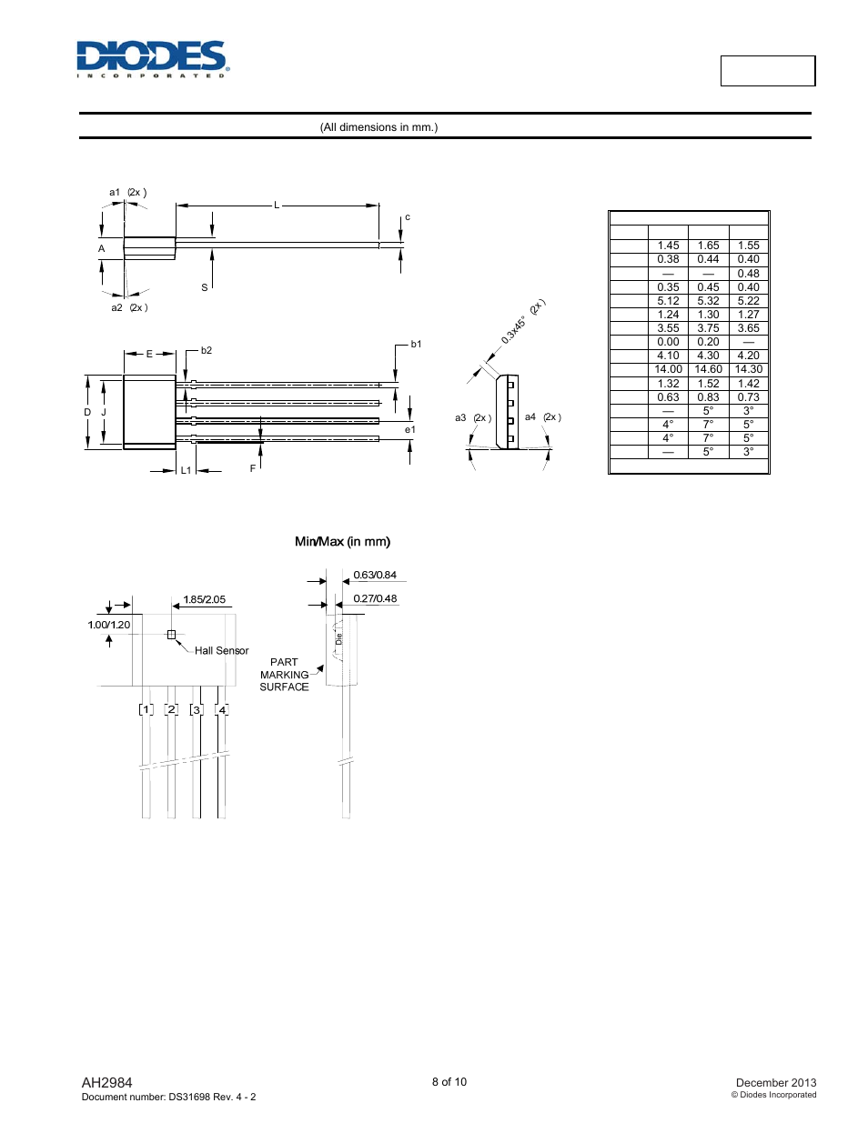 Ah2984, Package outline dimensions | Diodes AH2984 User Manual | Page 8 / 10