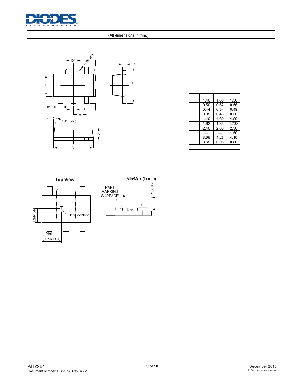 Ah2984 package outline dimensions | Diodes AH2984 User Manual | Page 9 / 10