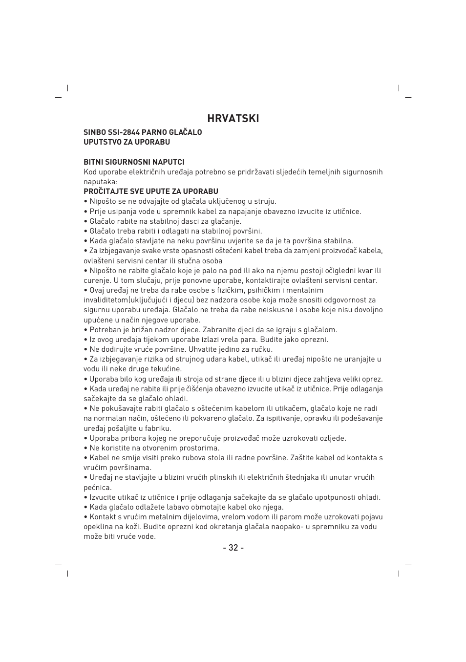 Hrvatski | SINBO SSI 2844 User Manual | Page 33 / 44