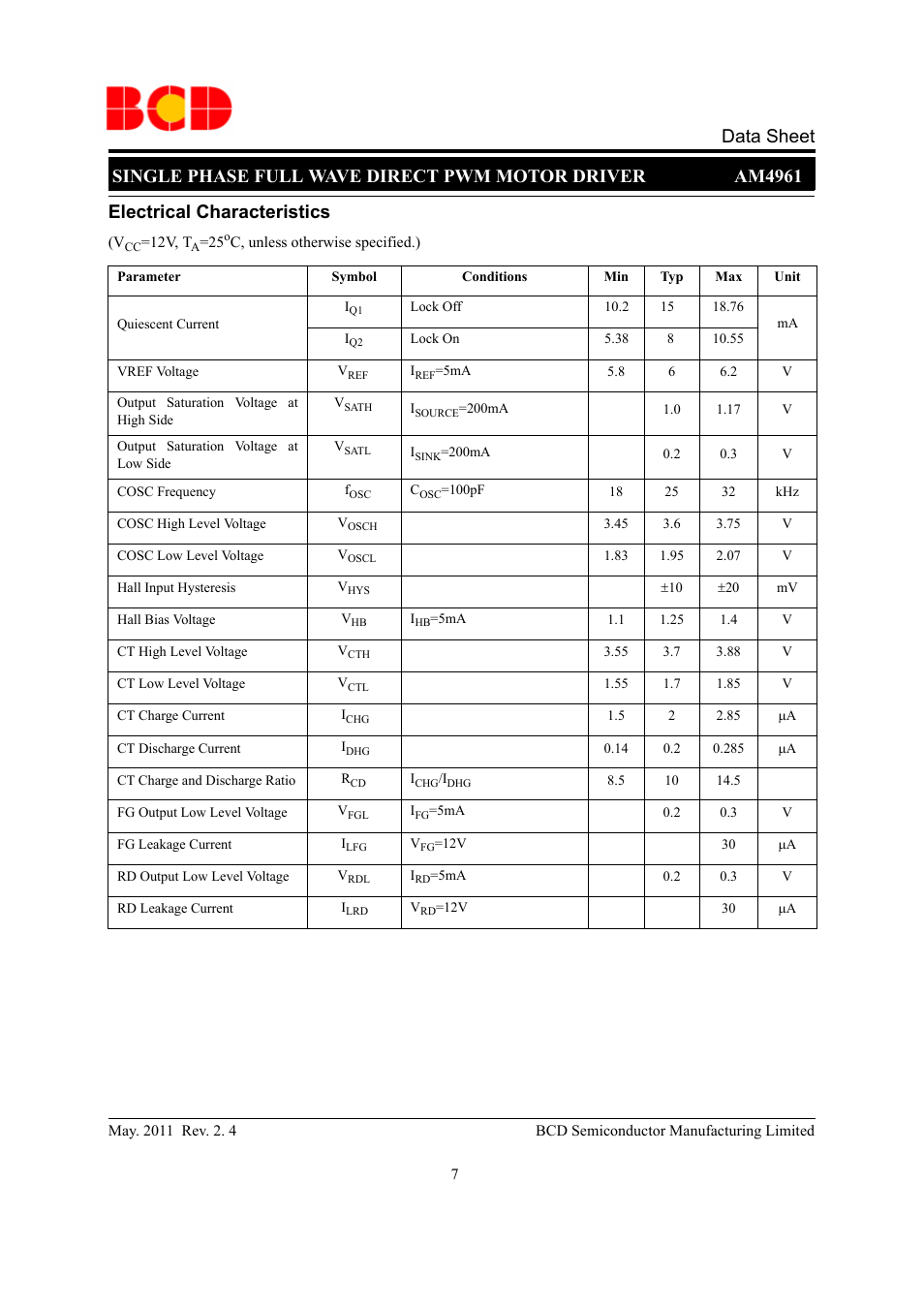 Data sheet, Electrical characteristics | Diodes AM4961 User Manual | Page 7 / 14