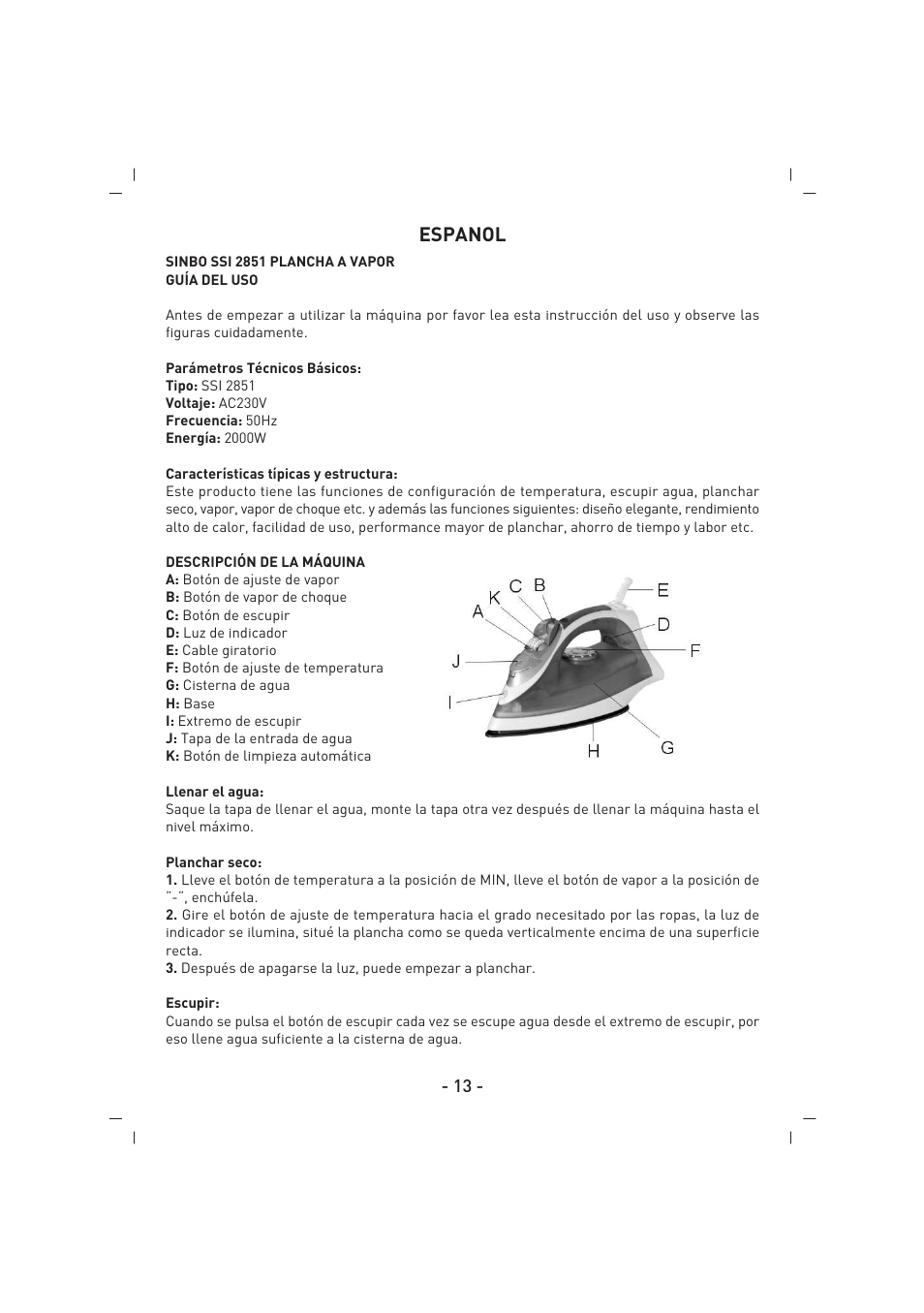 Espanol | SINBO SSI 2851 User Manual | Page 14 / 24