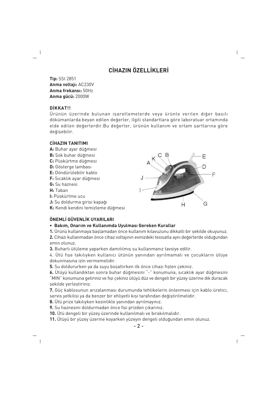 C‹hazin özell‹kler | SINBO SSI 2851 User Manual | Page 3 / 24