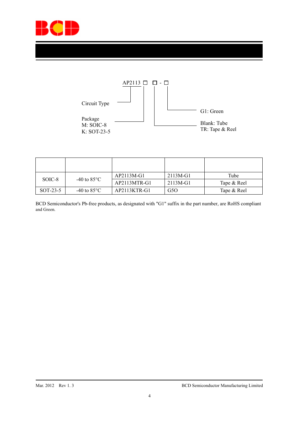 Preliminary datasheet, Ordering information | Diodes AP2113 User Manual | Page 4 / 13