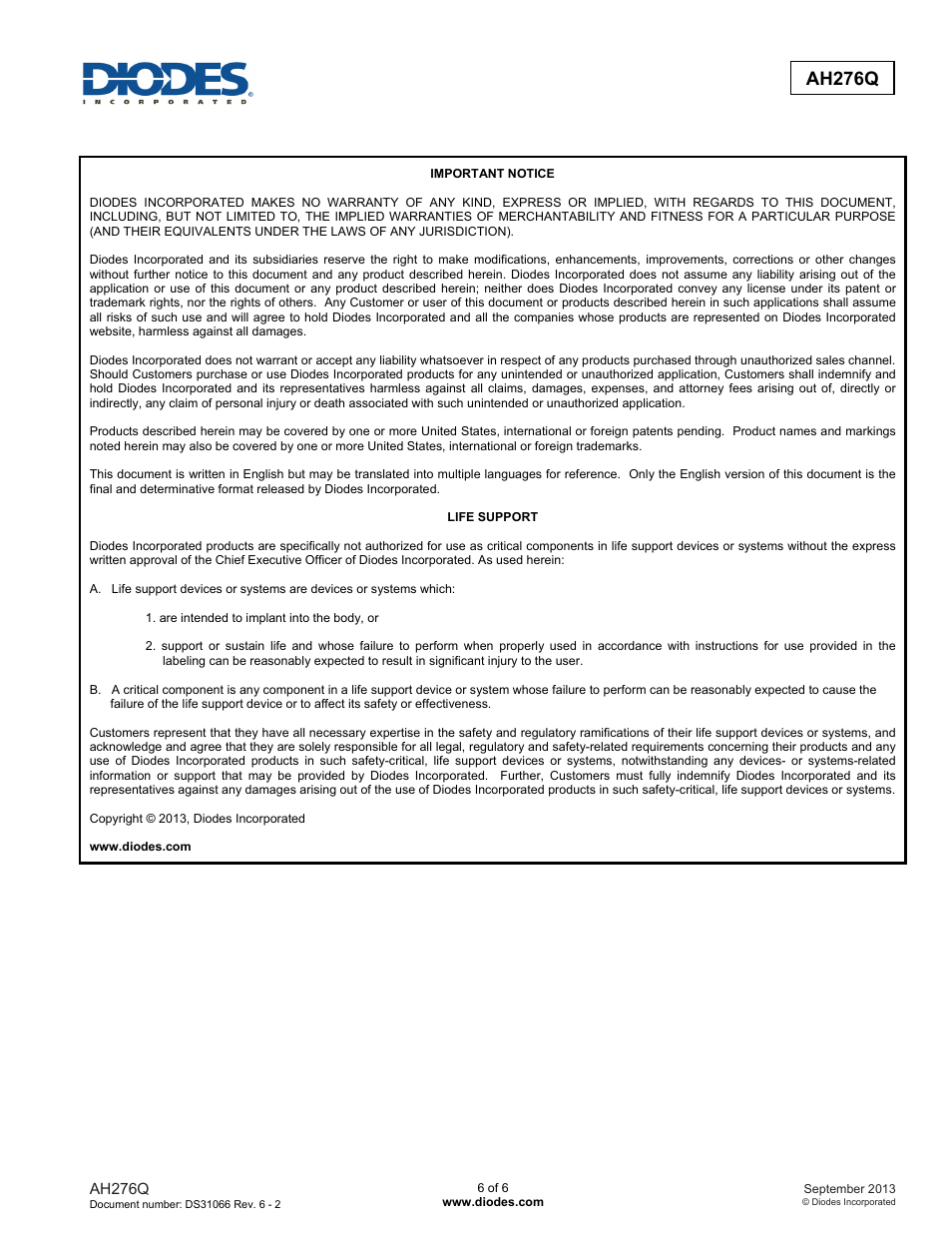 Ah276q | Diodes AH276Q User Manual | Page 6 / 6