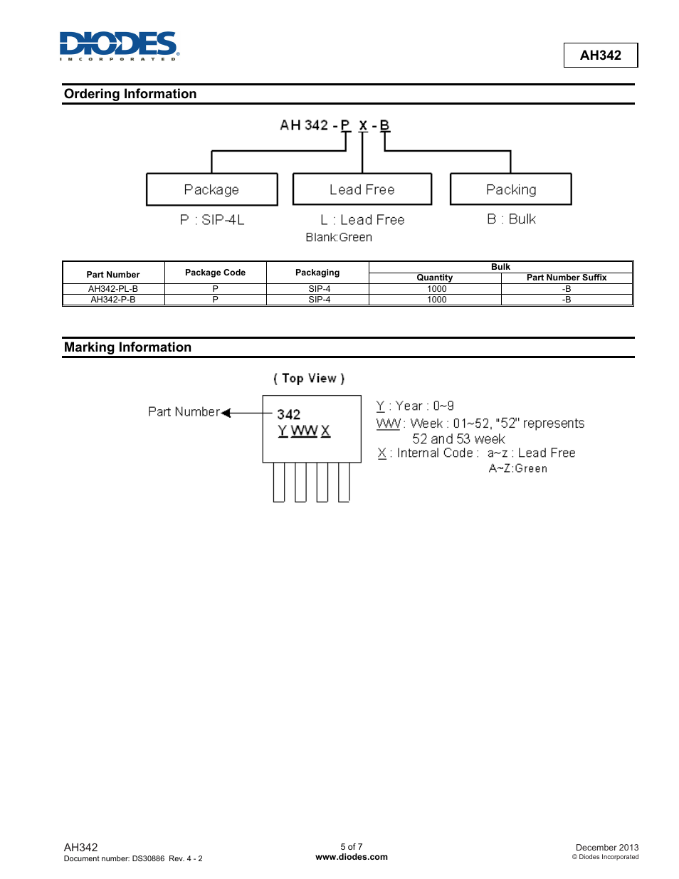 Advanced information ah342, Ordering information, Marking information | Diodes AH342 User Manual | Page 5 / 7