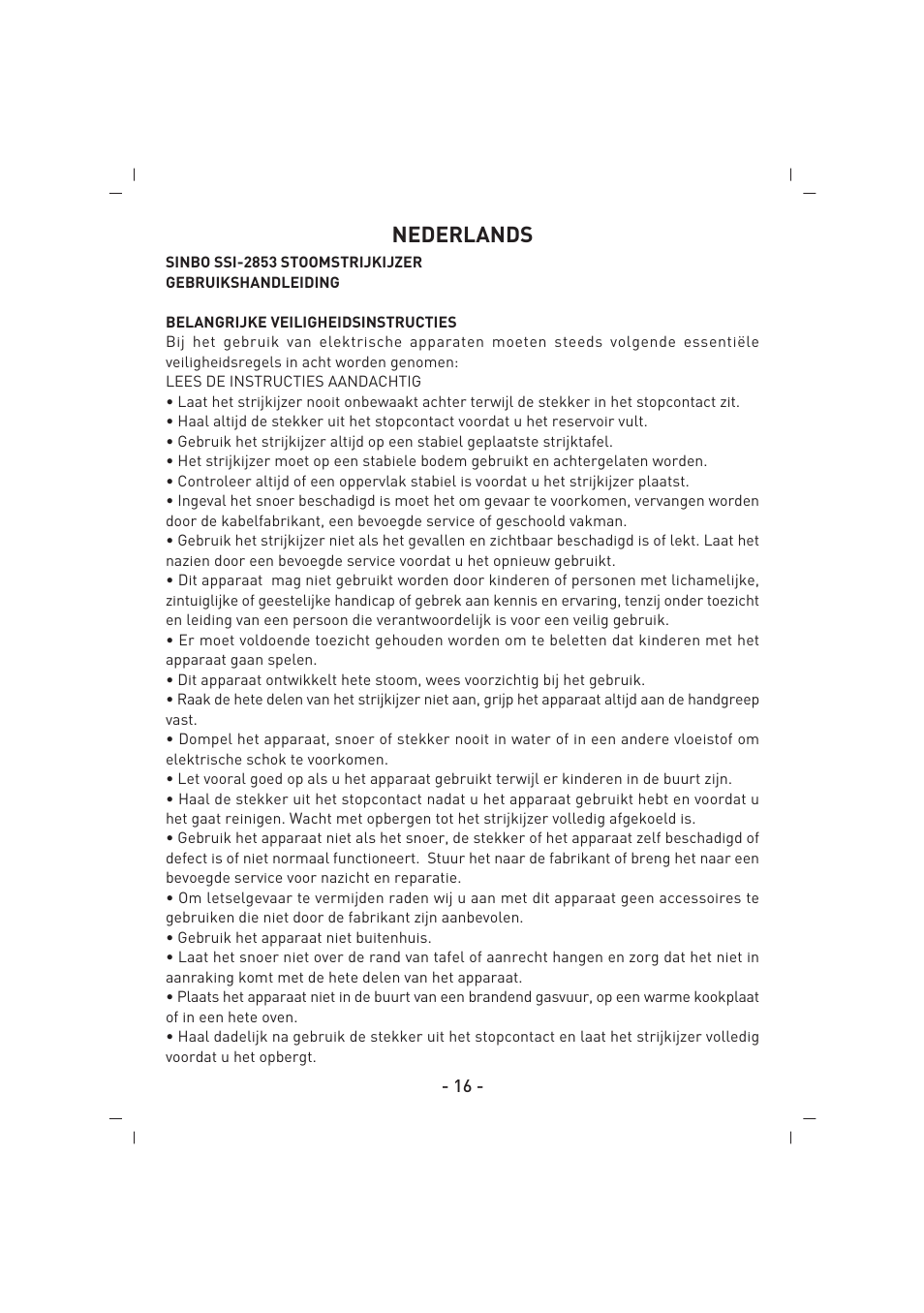 Nederlands | SINBO SSI 2853 User Manual | Page 17 / 44