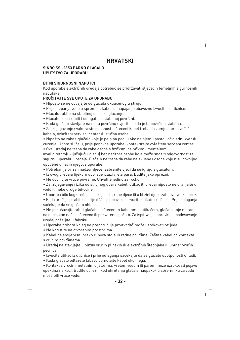 Hrvatski | SINBO SSI 2853 User Manual | Page 33 / 44