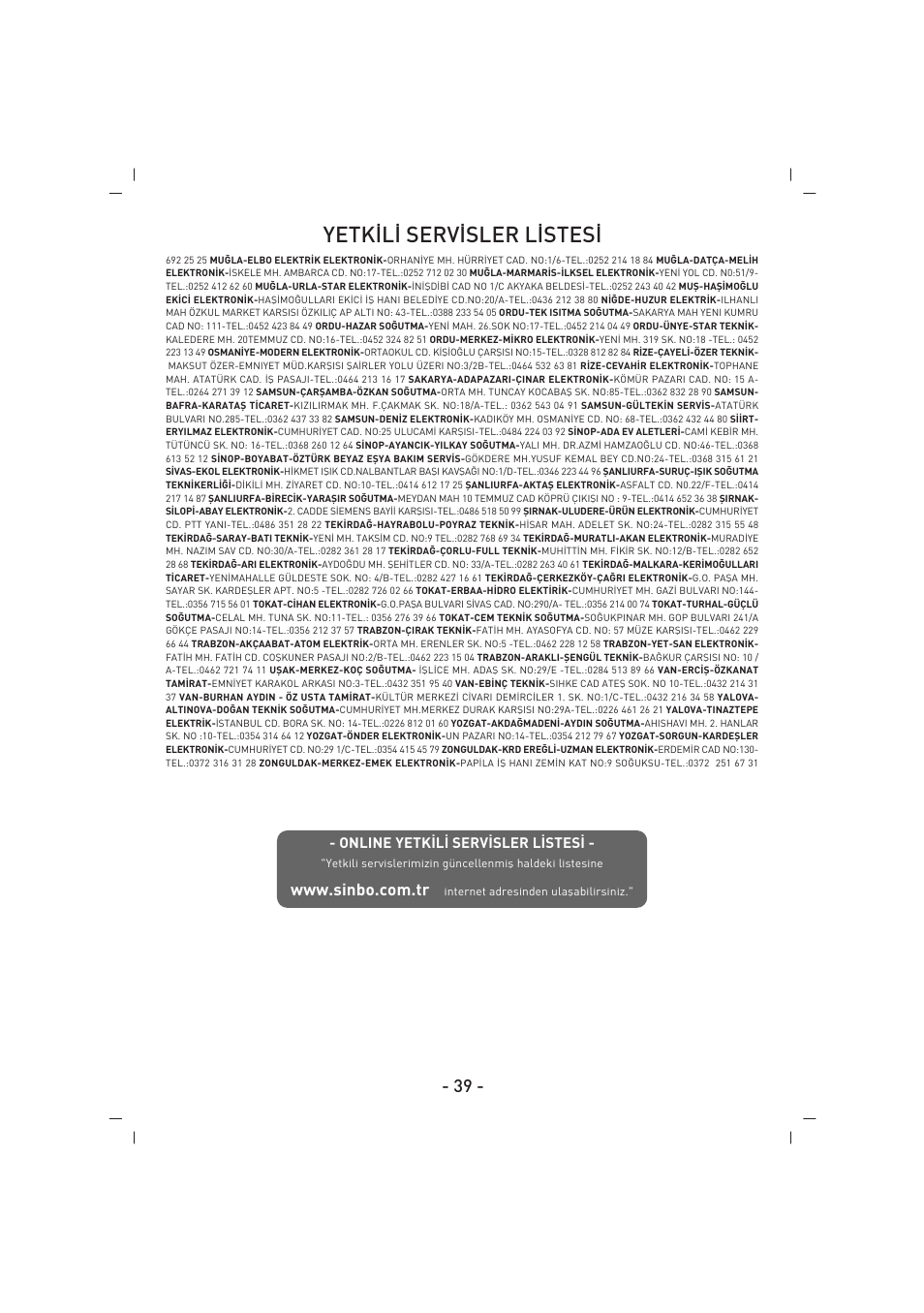Yetk‹l‹ serv‹sler l‹stes | SINBO SSI 2853 User Manual | Page 40 / 44
