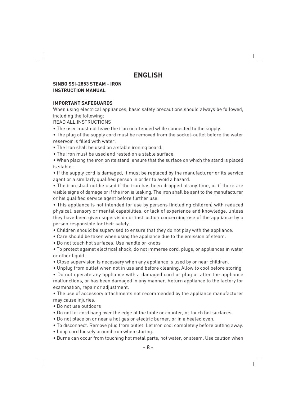 English | SINBO SSI 2853 User Manual | Page 9 / 44