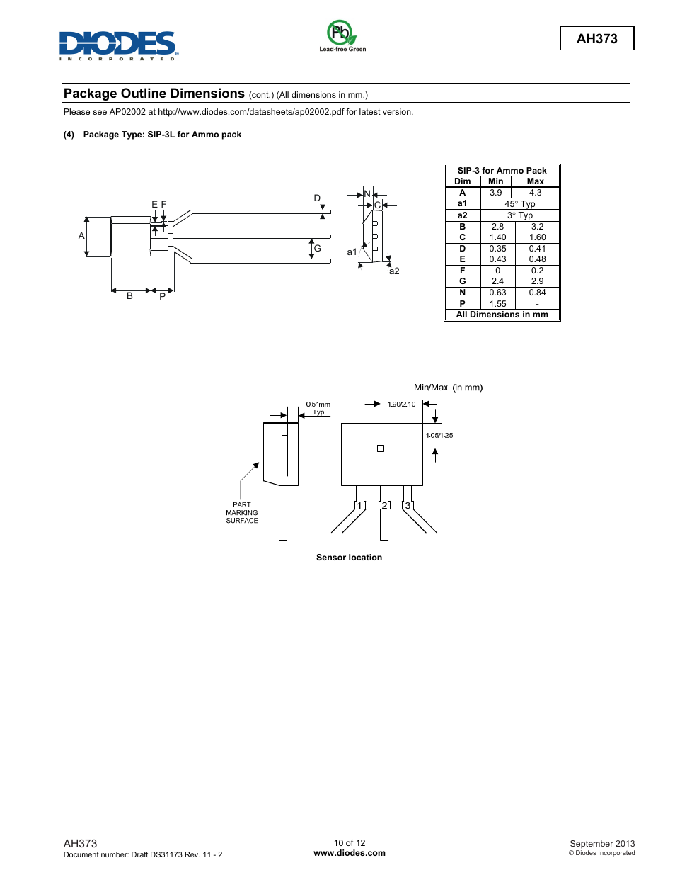Ah373, Package outline dimensions | Diodes AH373 User Manual | Page 10 / 12