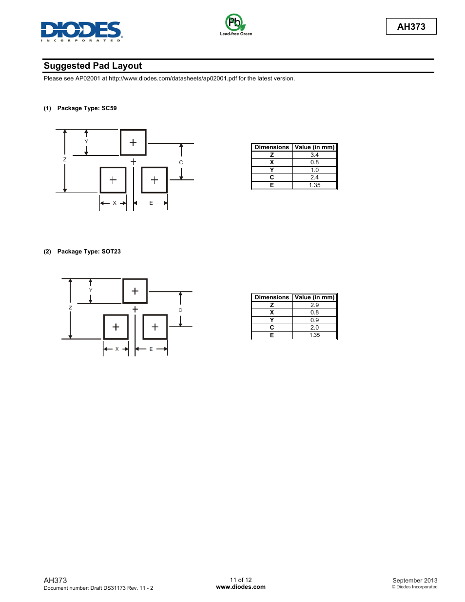Ah373, Suggested pad layout | Diodes AH373 User Manual | Page 11 / 12