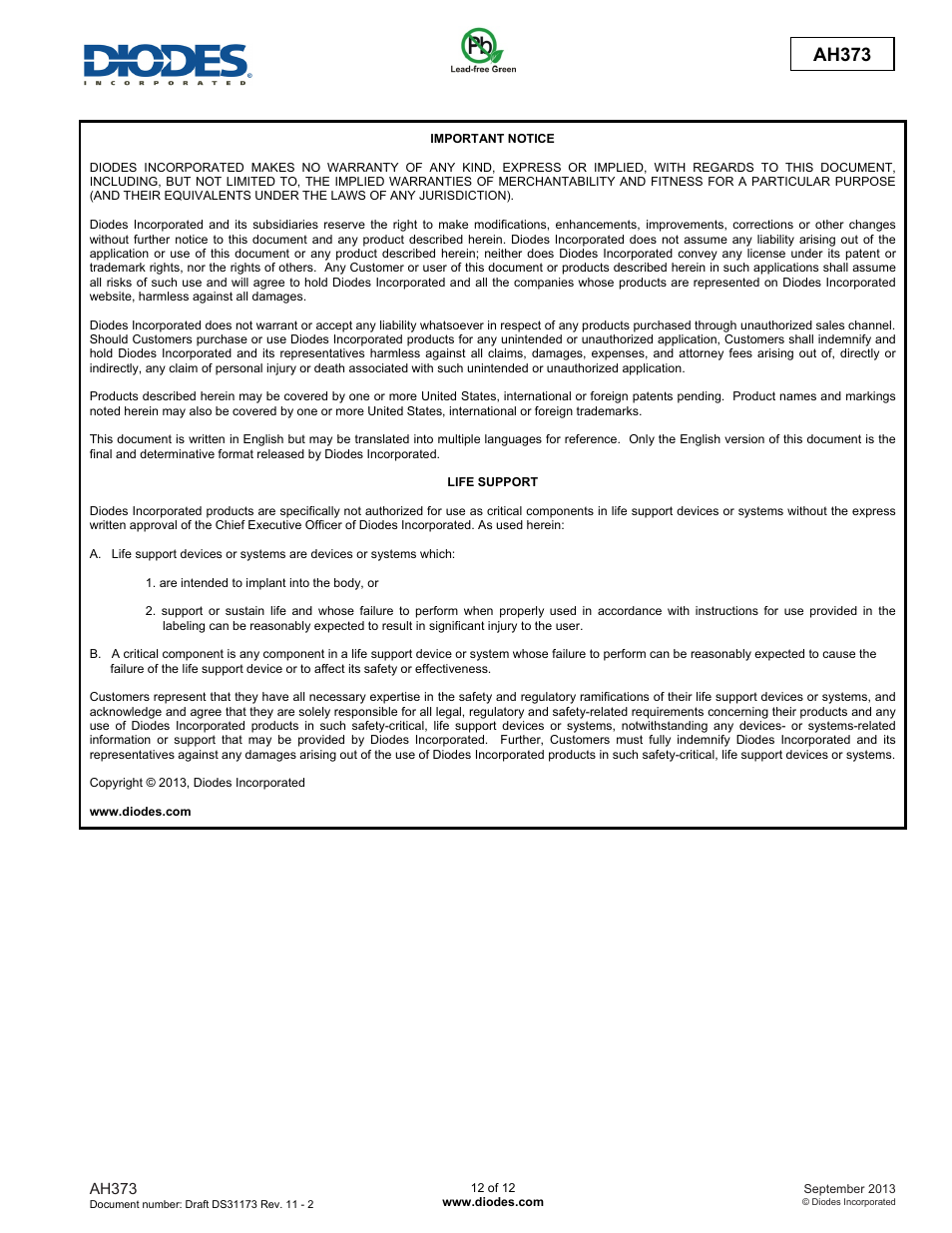 Ah373 | Diodes AH373 User Manual | Page 12 / 12