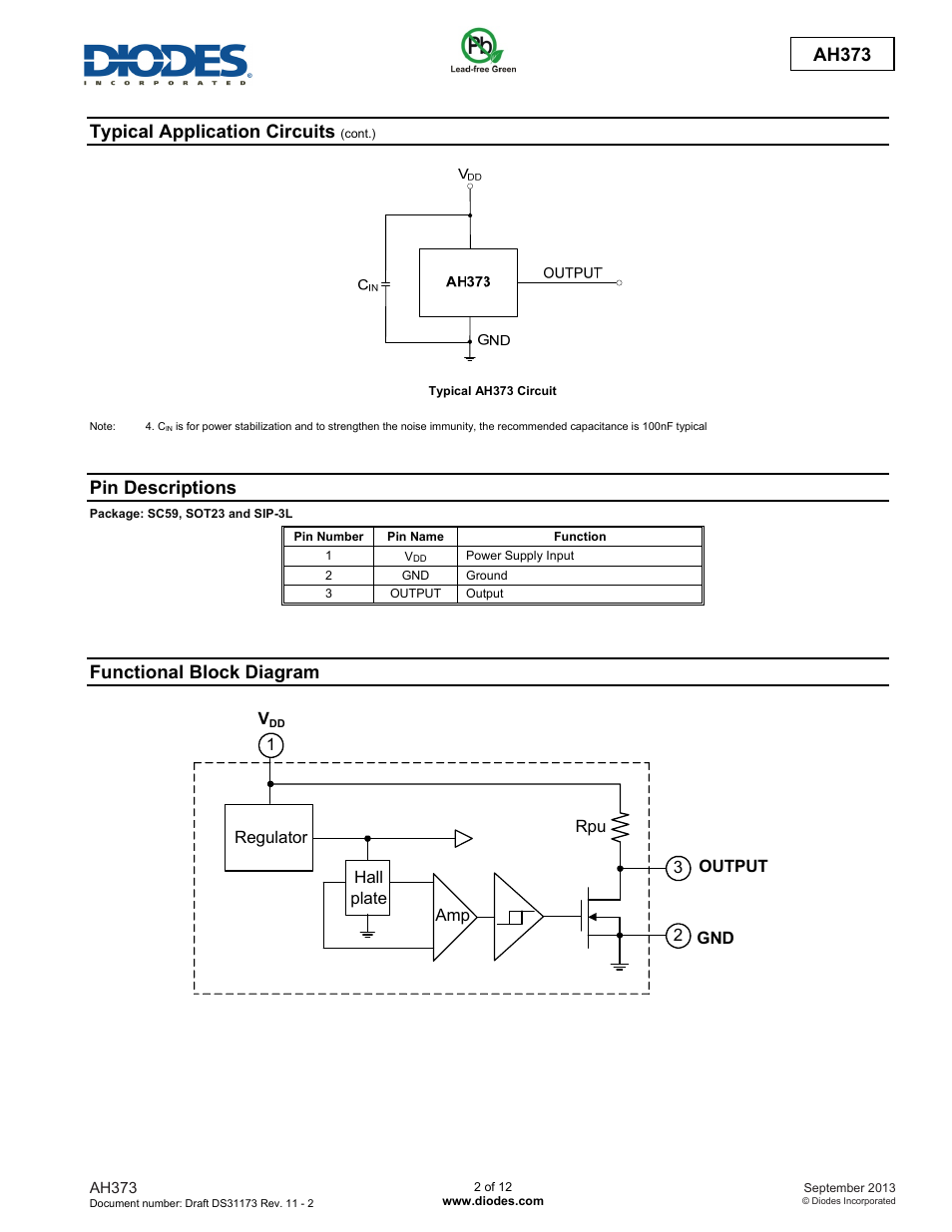 Ah373, Typical application circuits, Pin descriptions | Functional block diagram | Diodes AH373 User Manual | Page 2 / 12