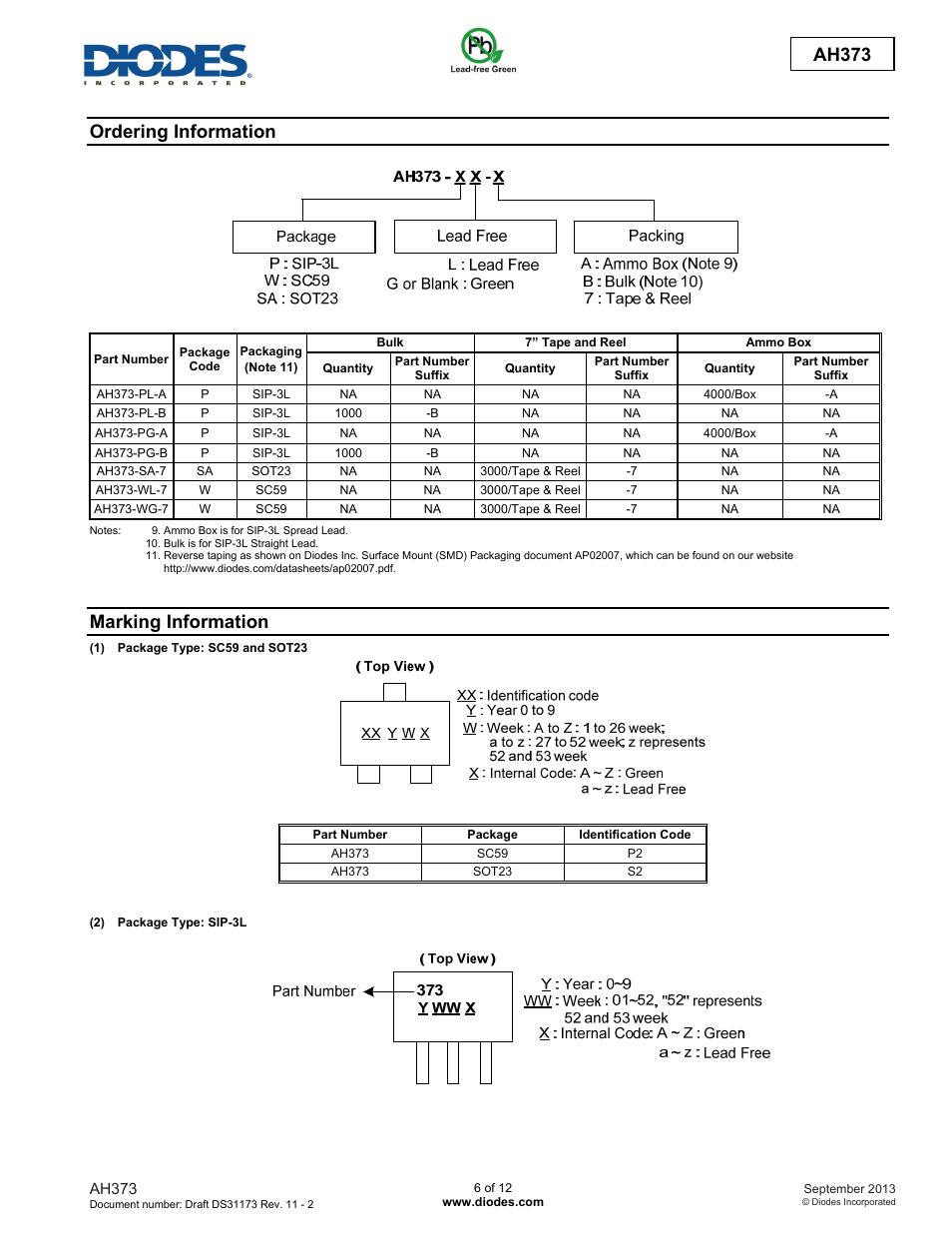 Ah373, Ordering information, Marking information | Diodes AH373 User Manual | Page 6 / 12