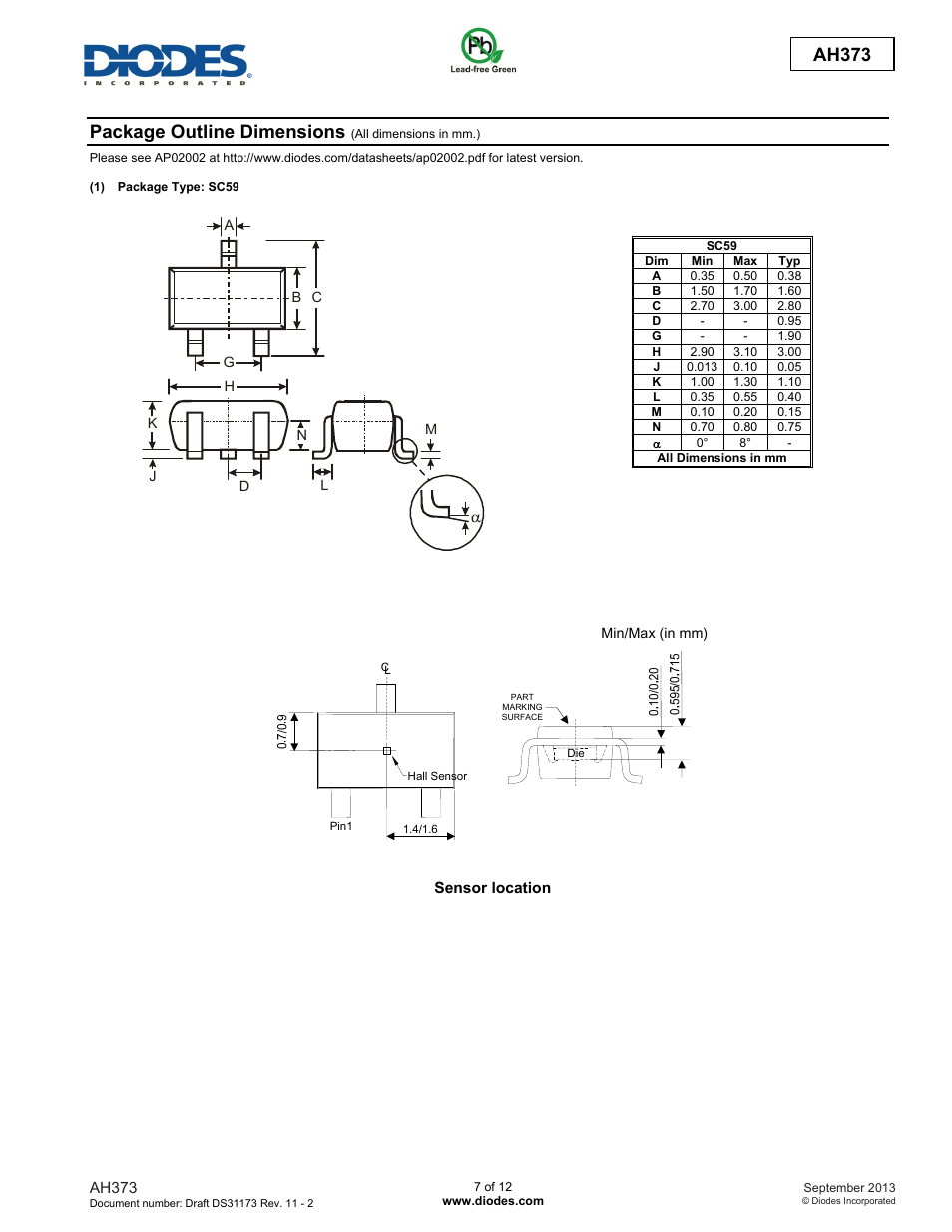Ah373, Package outline dimensions | Diodes AH373 User Manual | Page 7 / 12