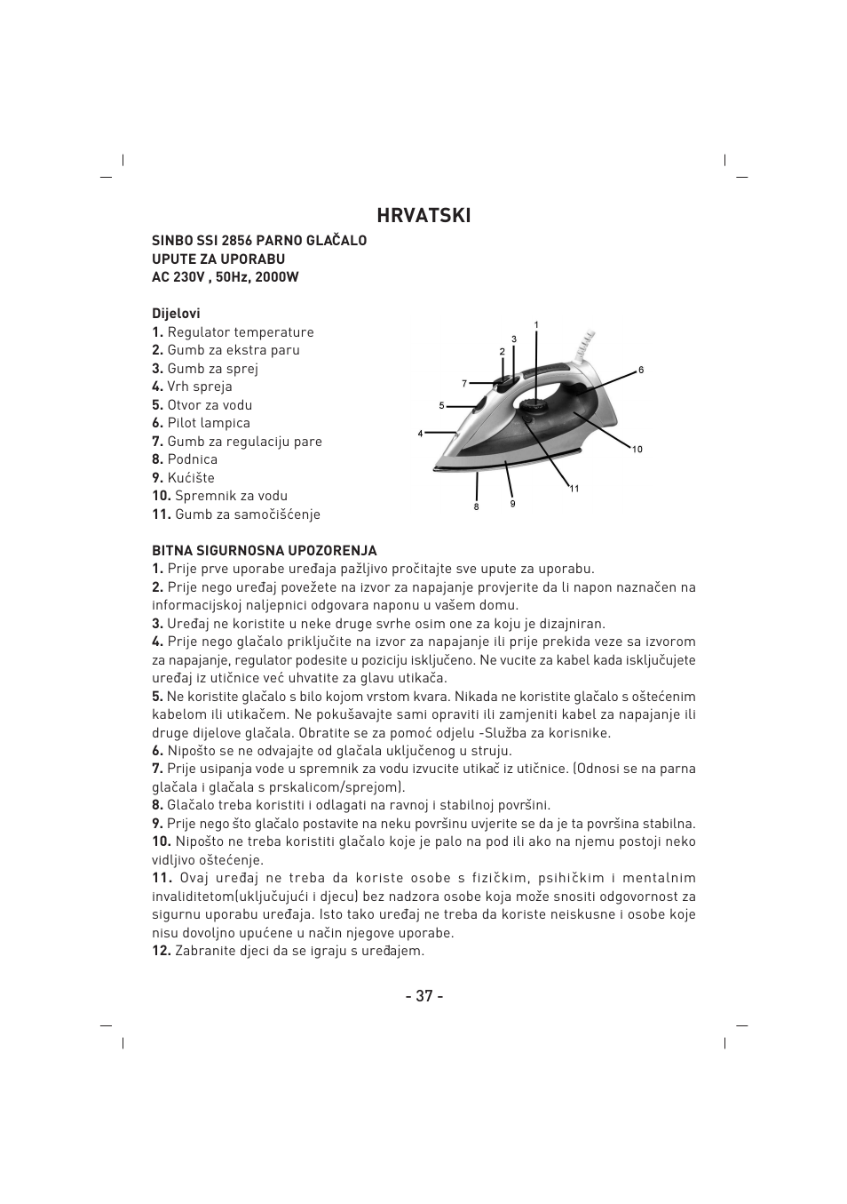 Hrvatski | SINBO SSI 2856 User Manual | Page 38 / 48