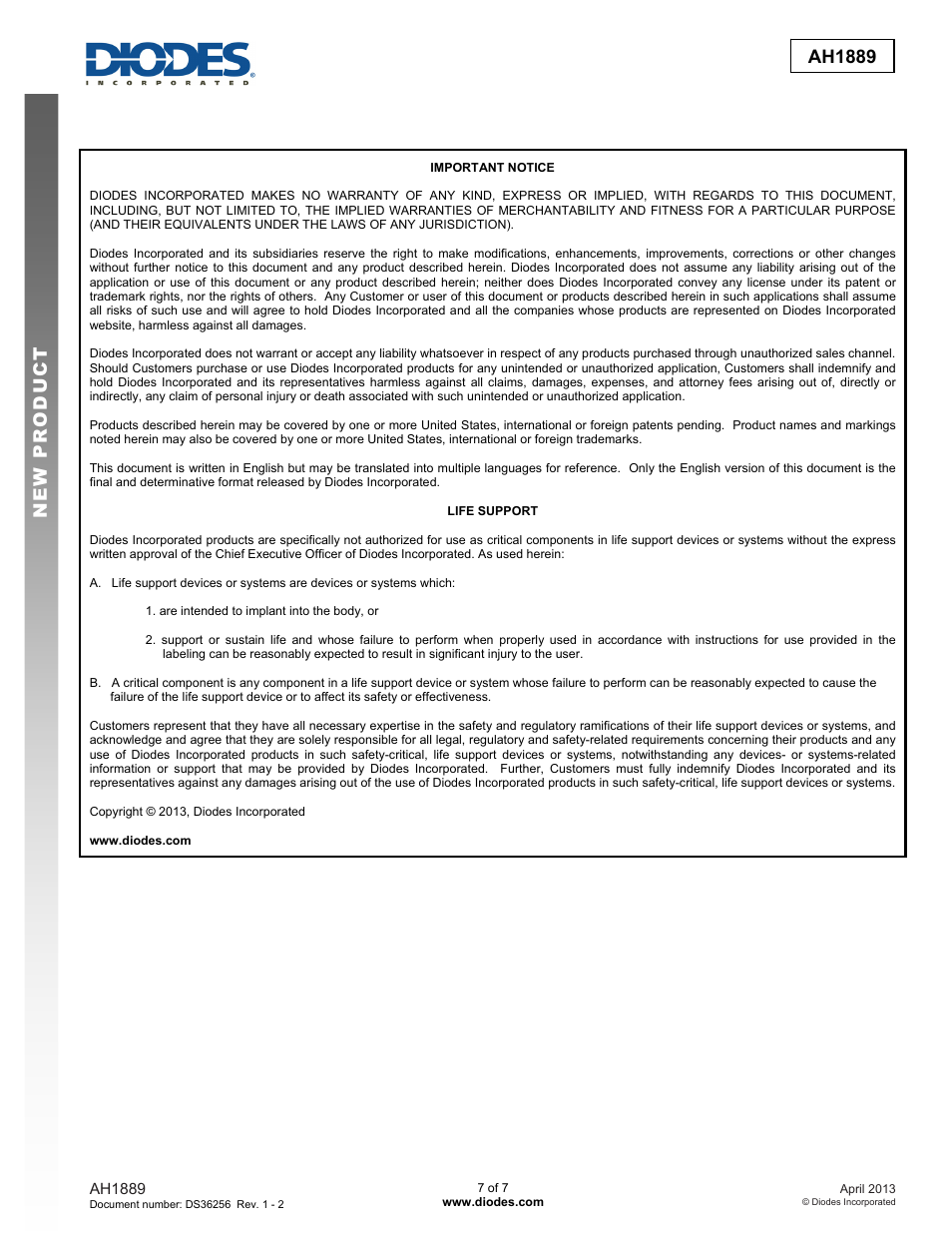 New prod uc t ah1889 | Diodes AH1889 User Manual | Page 7 / 7