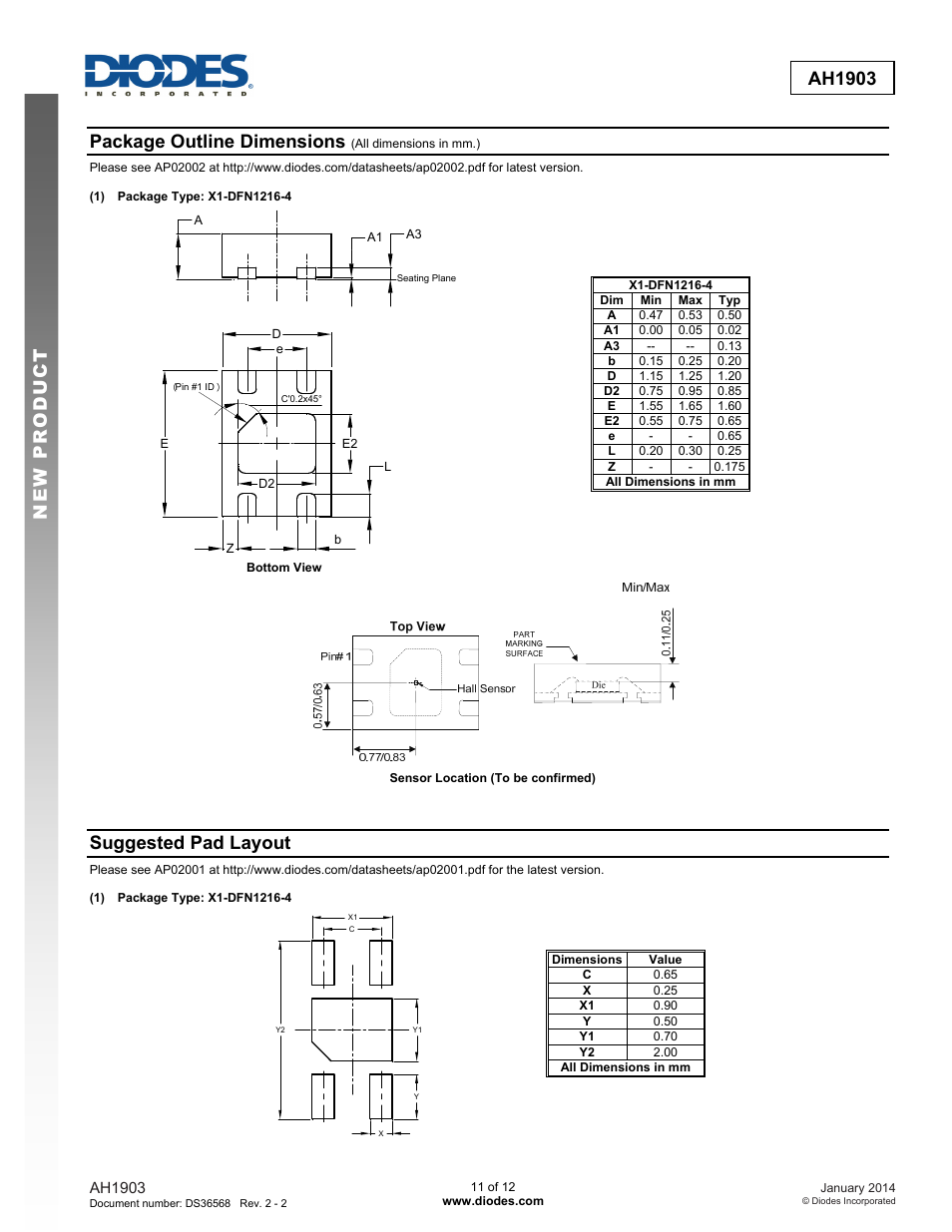 New prod uc t ah1903, Package outline dimensions, Suggested pad layout | Diodes AH1903 User Manual | Page 11 / 12