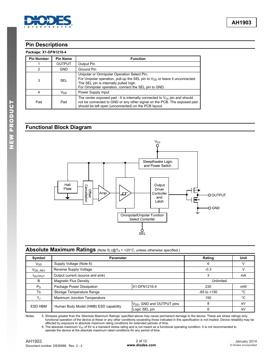 New prod uc t ah1903, Pin descriptions, Functional block diagram | Absolute maximum ratings | Diodes AH1903 User Manual | Page 2 / 12