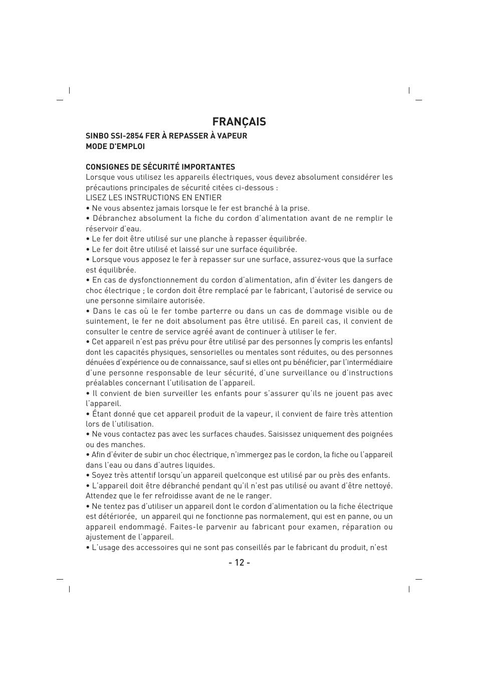 Français | SINBO SSI 2854 User Manual | Page 13 / 44