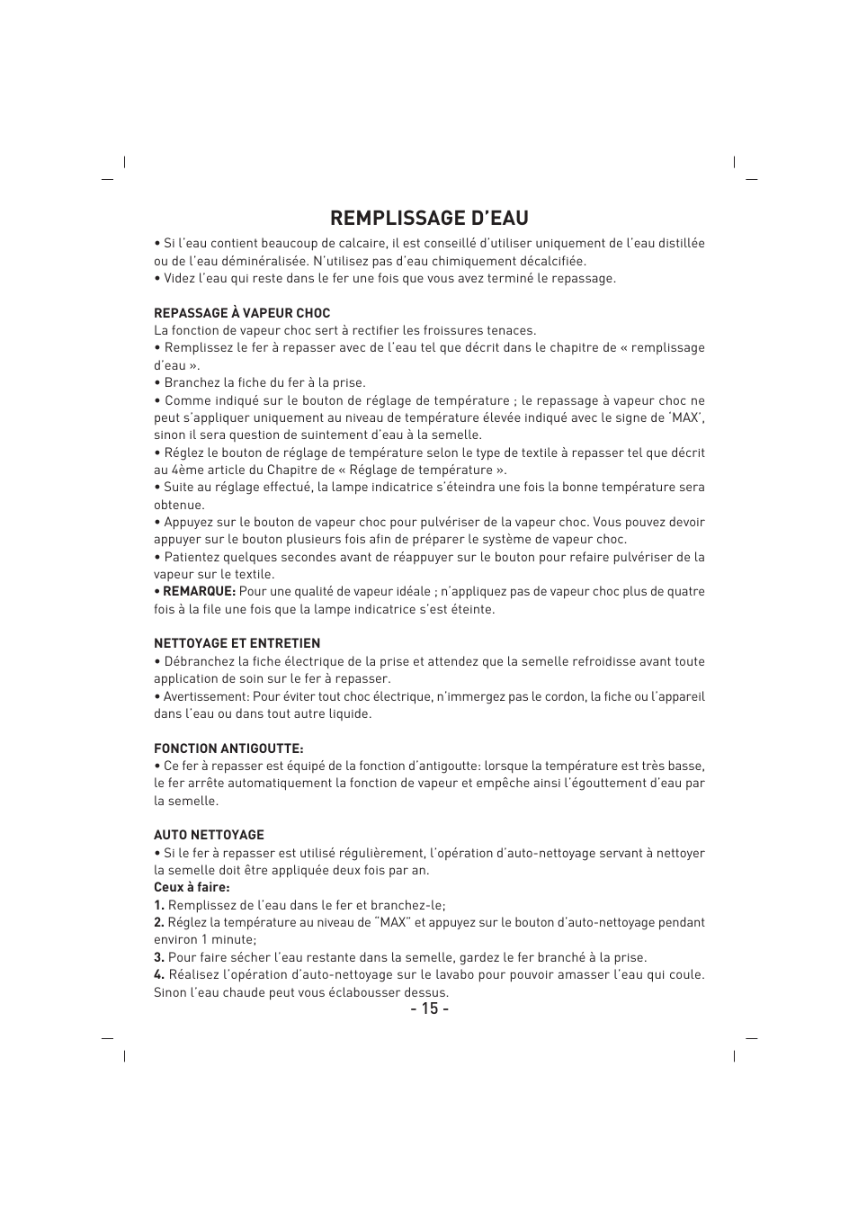 Remplissage d’eau | SINBO SSI 2854 User Manual | Page 16 / 44