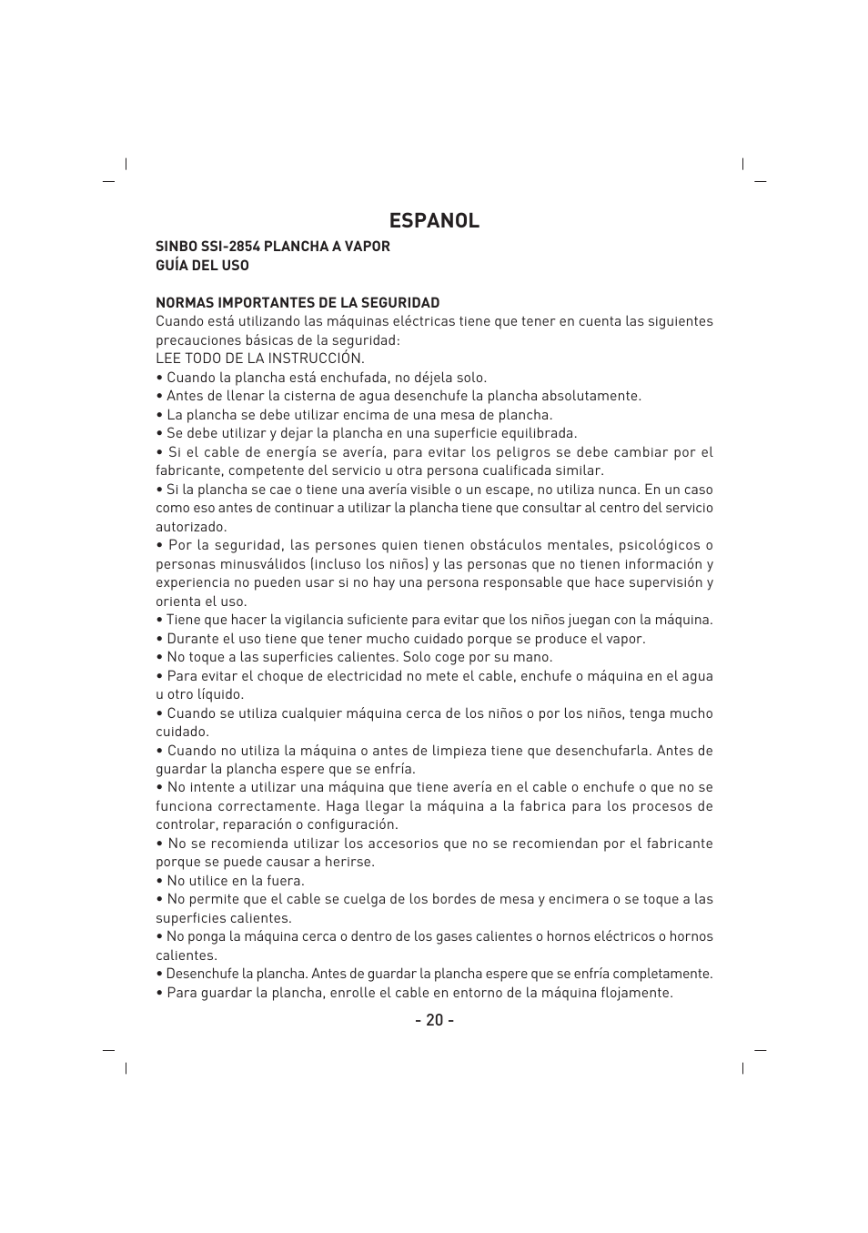 Espanol | SINBO SSI 2854 User Manual | Page 21 / 44