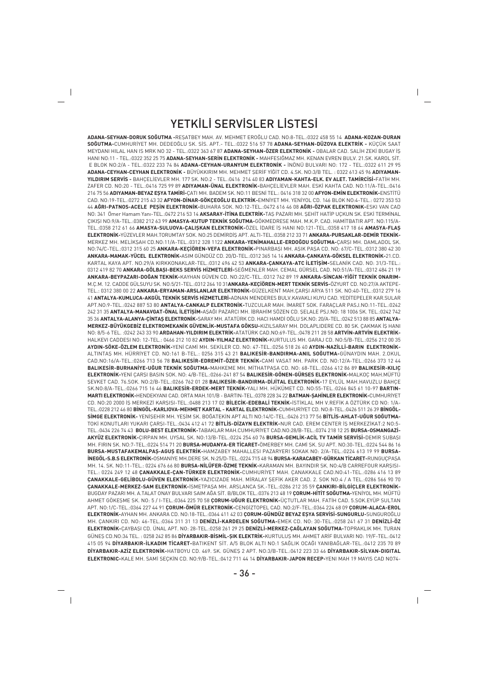 Yetk‹l‹ serv‹sler l‹stes | SINBO SSI 2854 User Manual | Page 37 / 44
