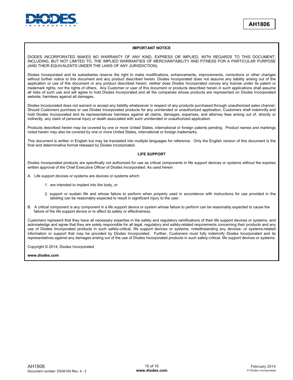 New prod uc t ah1806 | Diodes AH1806 User Manual | Page 10 / 10