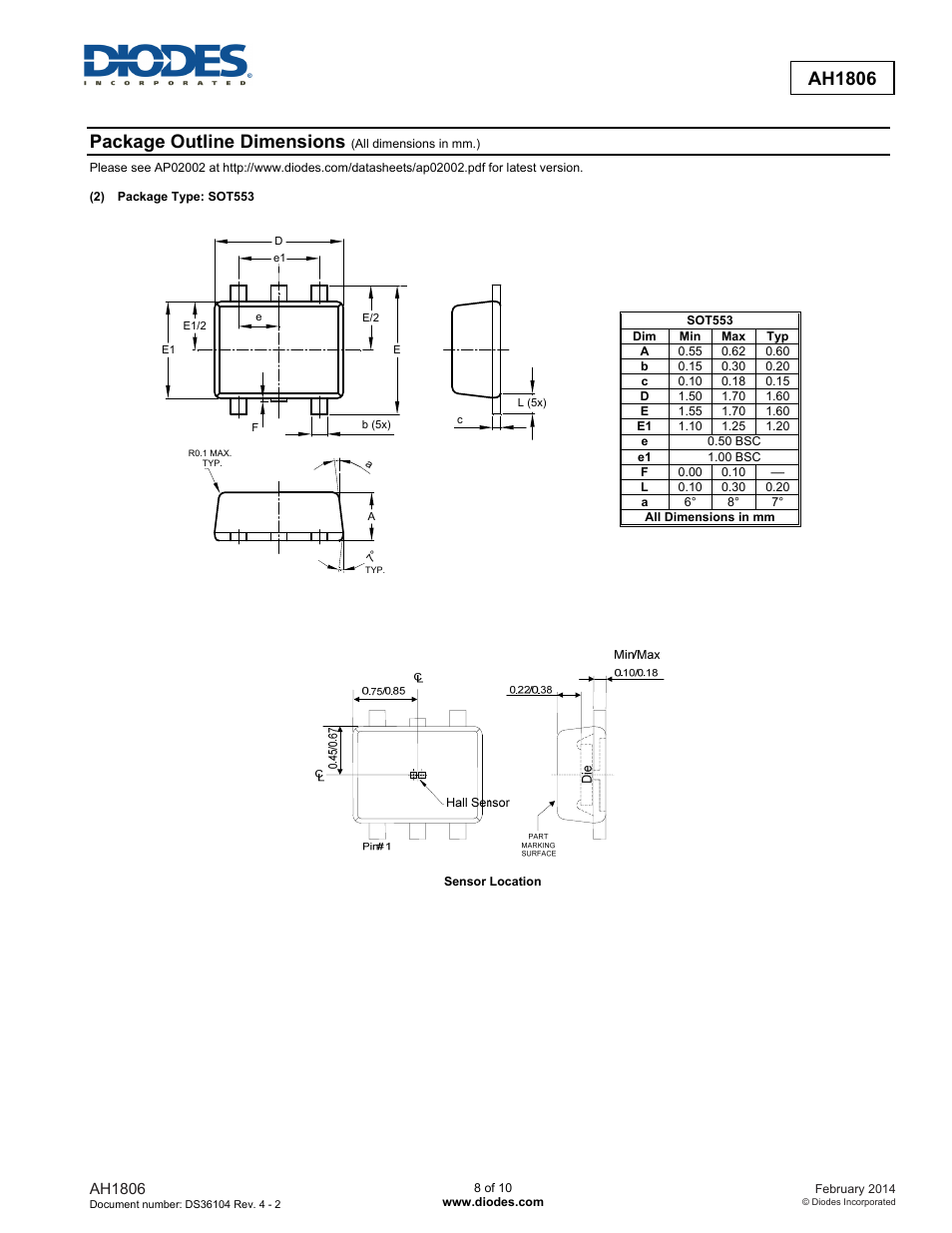 New prod uc t ah1806, Package outline dimensions | Diodes AH1806 User Manual | Page 8 / 10