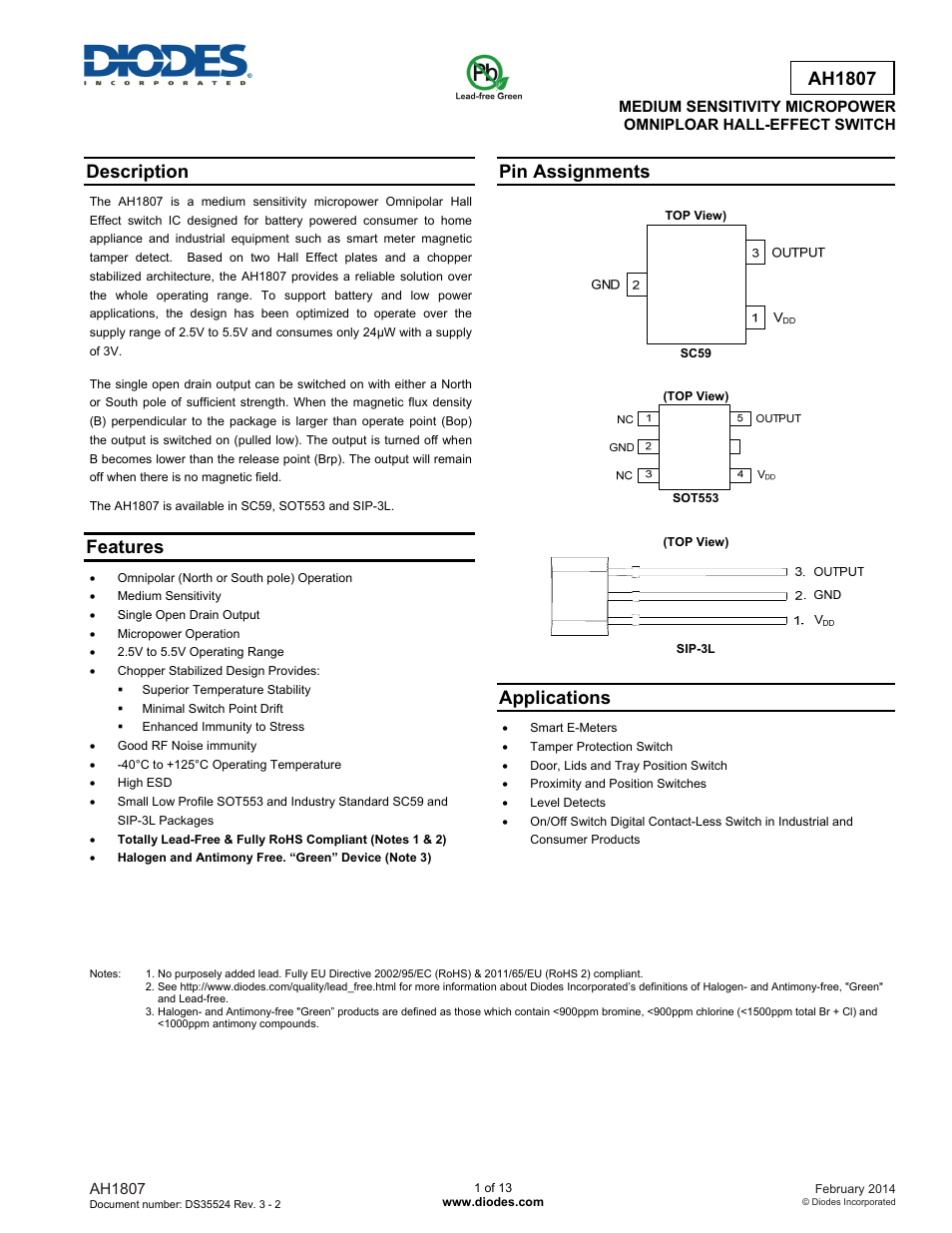 Diodes AH1807 User Manual | 13 pages