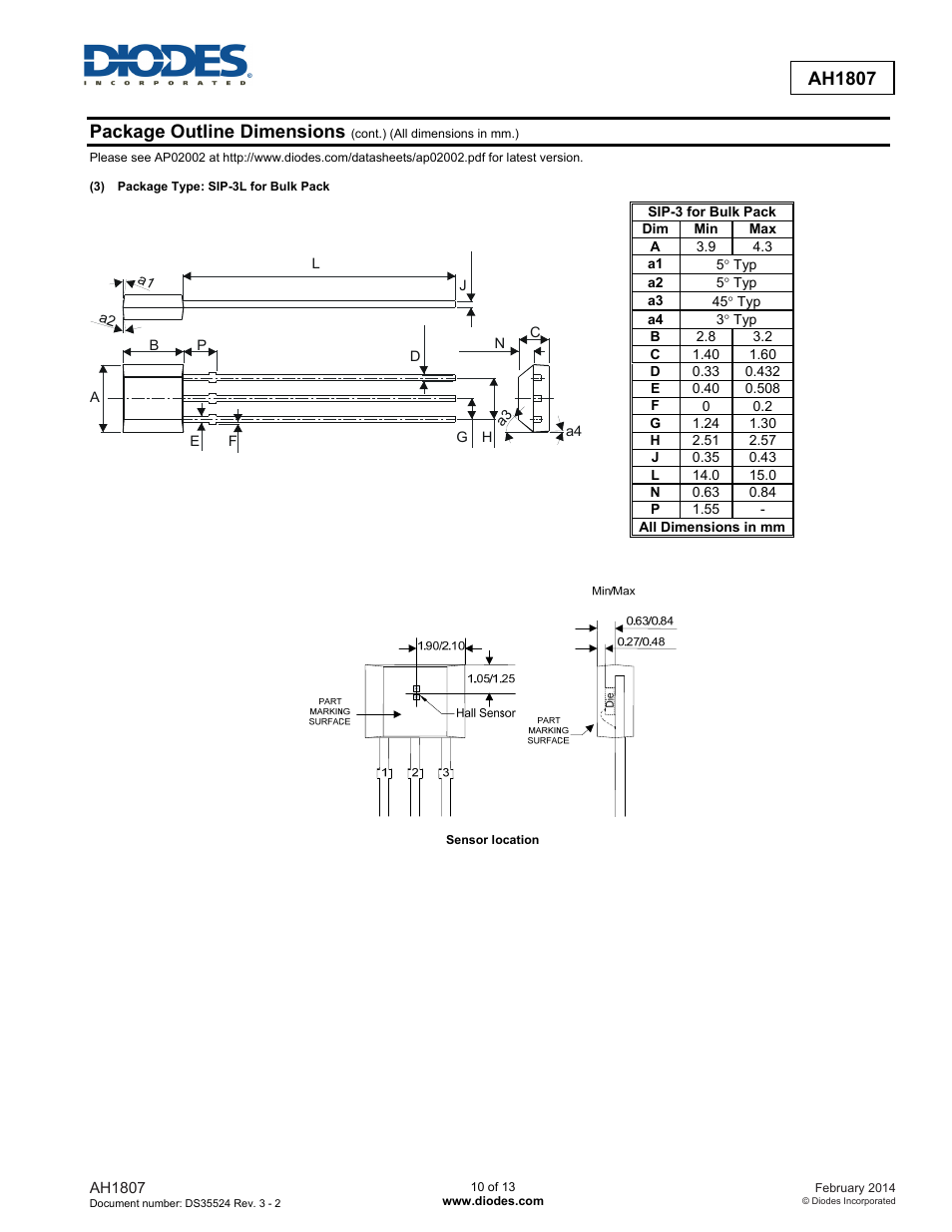 Ah1807, Package outline dimensions | Diodes AH1807 User Manual | Page 10 / 13