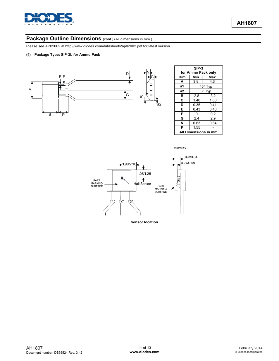 Ah1807, Package outline dimensions | Diodes AH1807 User Manual | Page 11 / 13