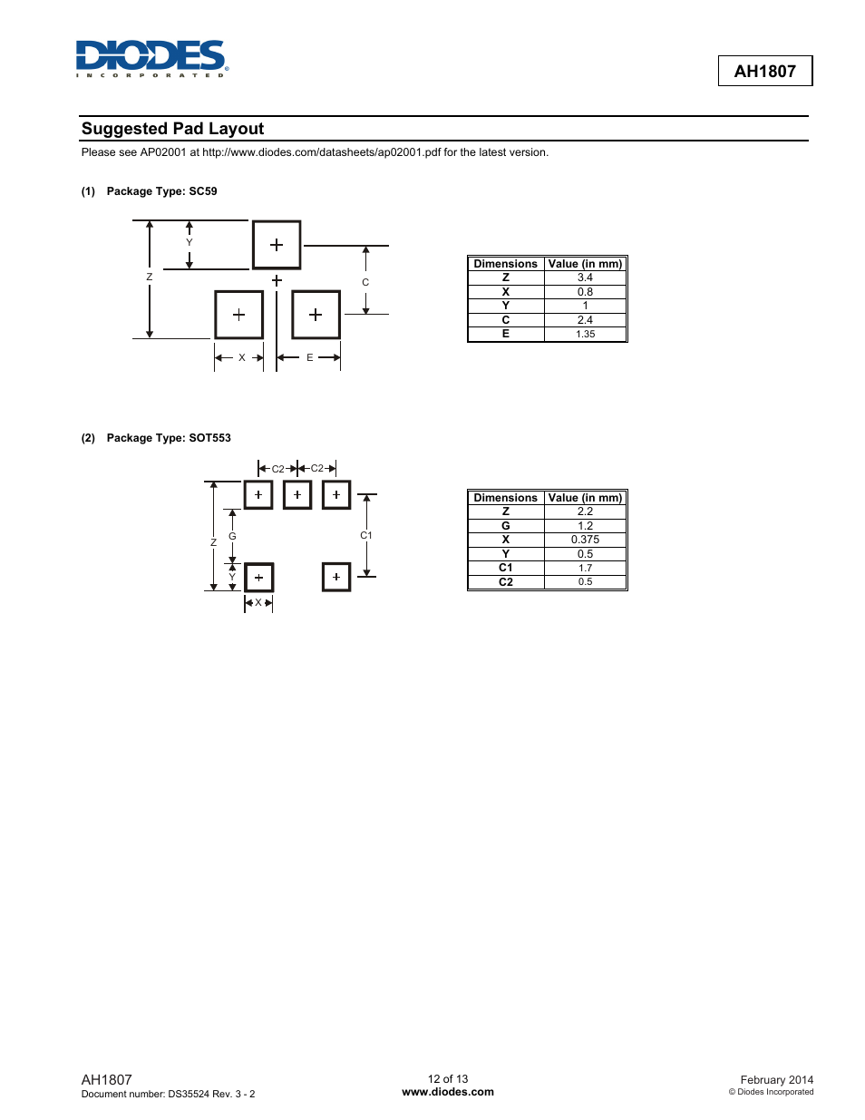 Ah1807, Suggested pad layout | Diodes AH1807 User Manual | Page 12 / 13