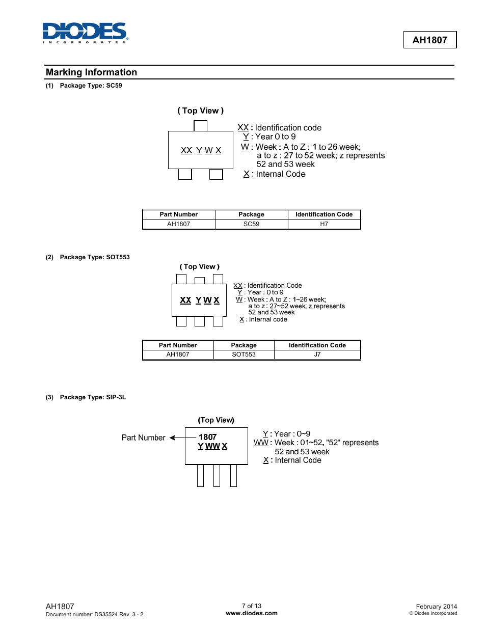 Ah1807, Marking information | Diodes AH1807 User Manual | Page 7 / 13