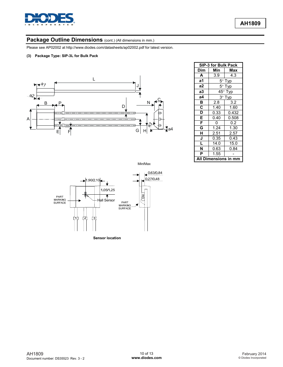 Ah1809, Package outline dimensions | Diodes AH1809 User Manual | Page 10 / 13