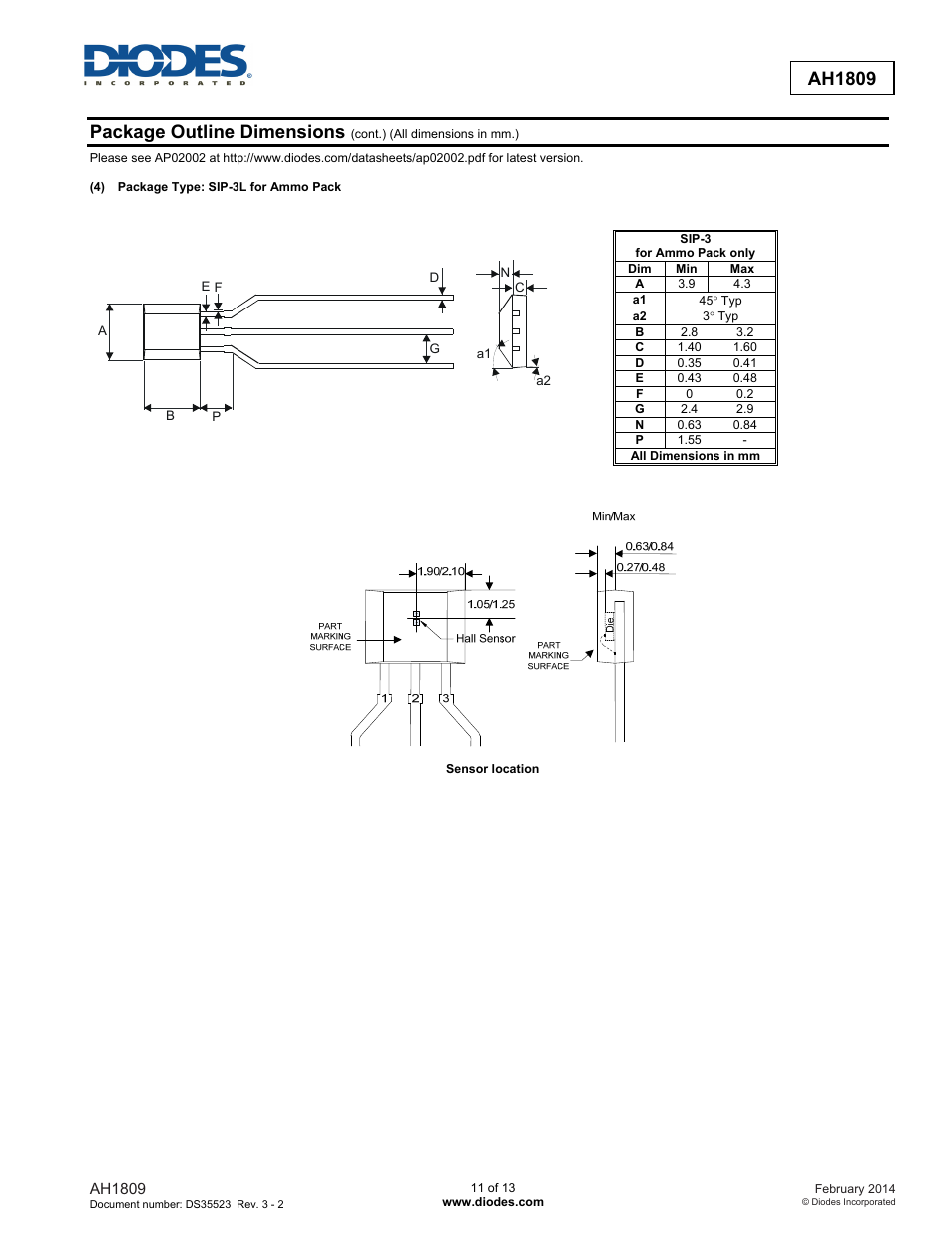 Ah1809, Package outline dimensions | Diodes AH1809 User Manual | Page 11 / 13
