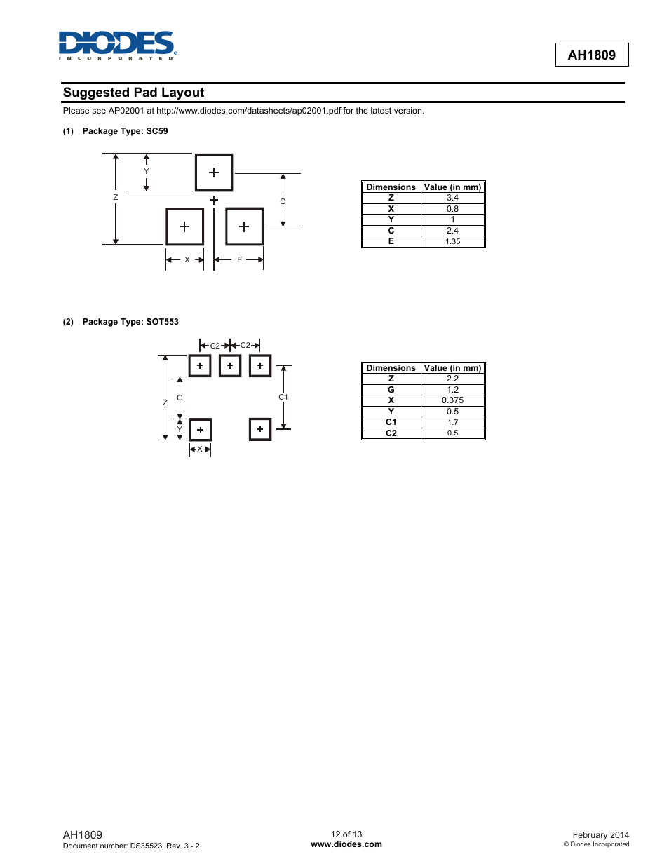 Ah1809, Suggested pad layout | Diodes AH1809 User Manual | Page 12 / 13