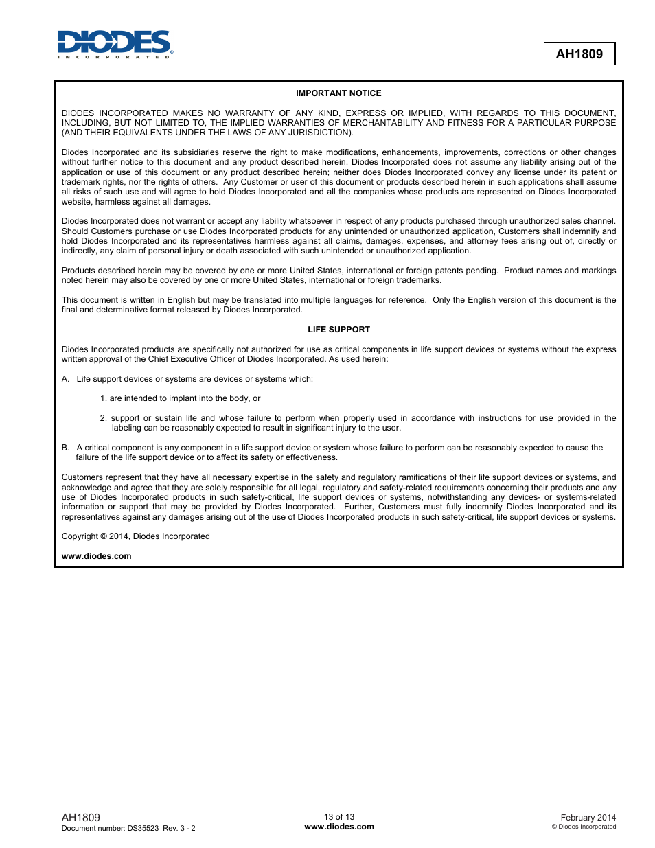 Ah1809 | Diodes AH1809 User Manual | Page 13 / 13