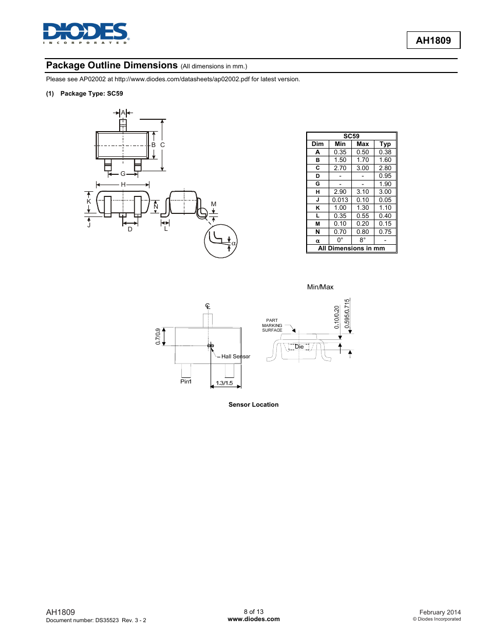 Ah1809, Package outline dimensions | Diodes AH1809 User Manual | Page 8 / 13