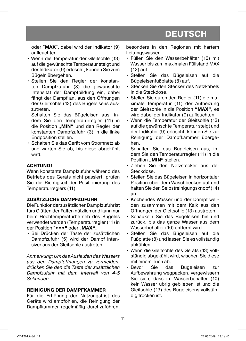 Deutsch | Vitek VT-1201 User Manual | Page 11 / 44