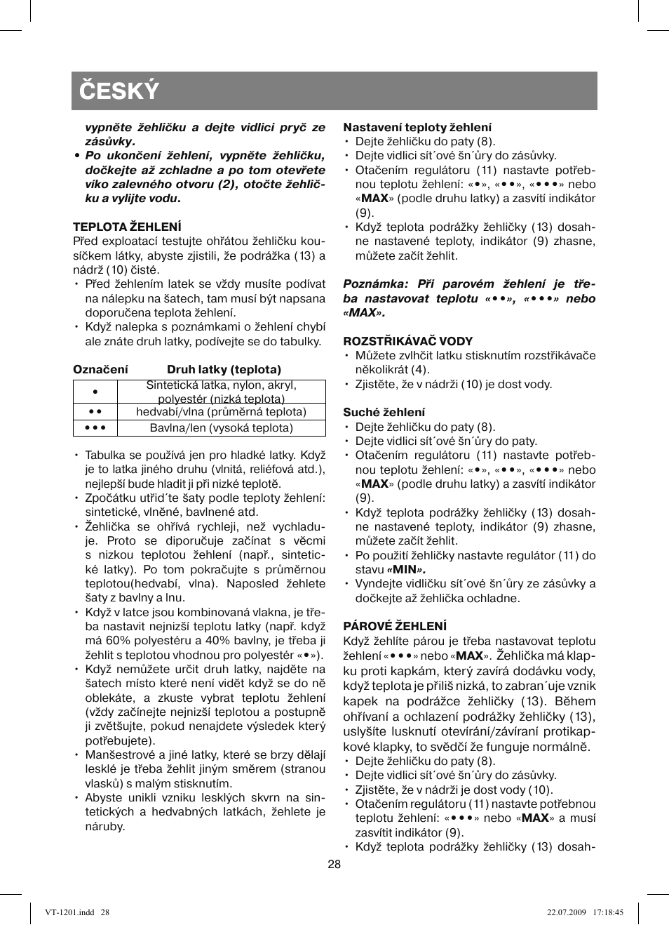 Český | Vitek VT-1201 User Manual | Page 28 / 44