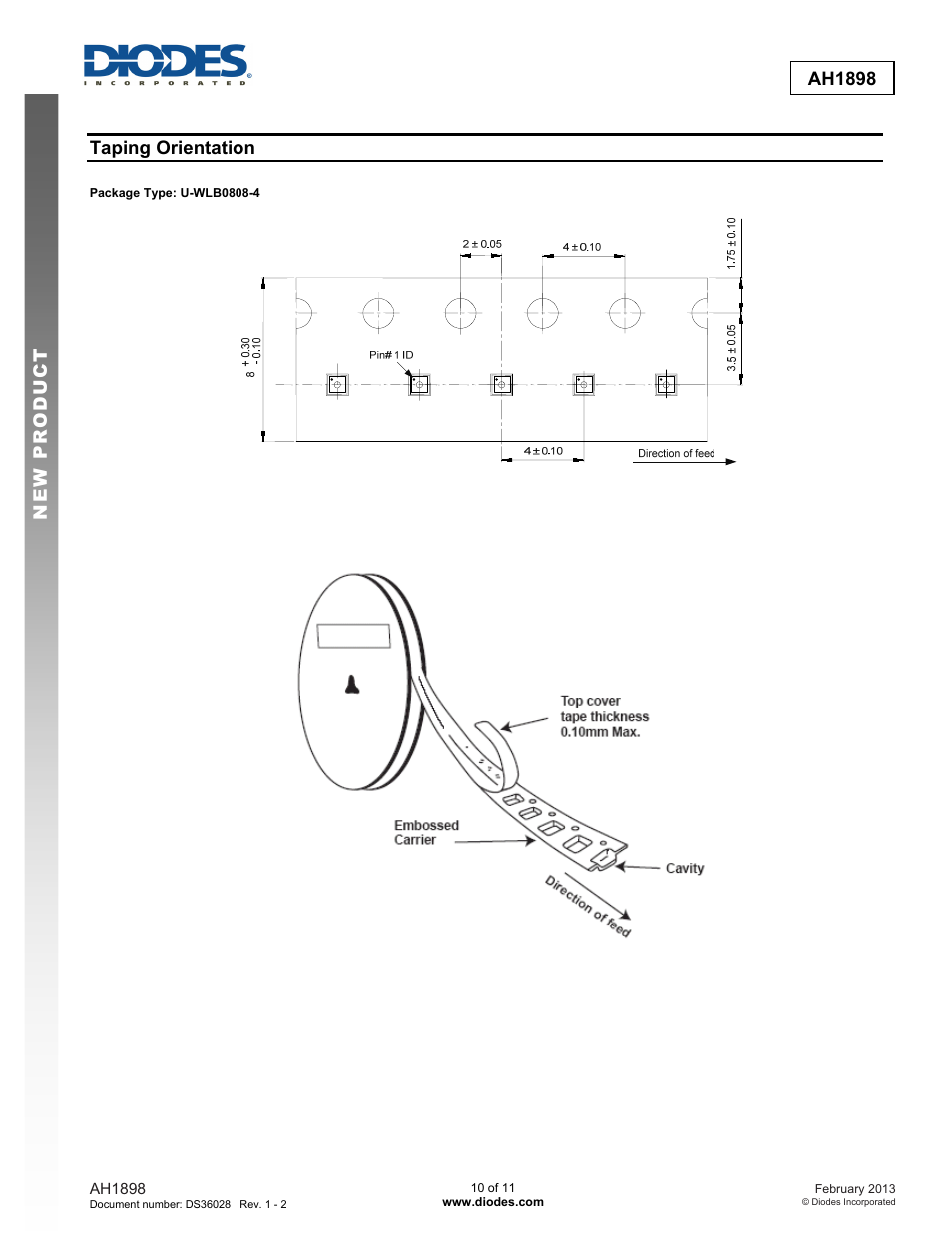 New prod uc t ah1898, Taping orientation | Diodes AH1898 User Manual | Page 10 / 11